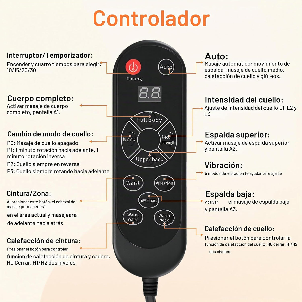 Shiatsu - Masajeador de cuello y espalda, enrollable hacia arriba y...
