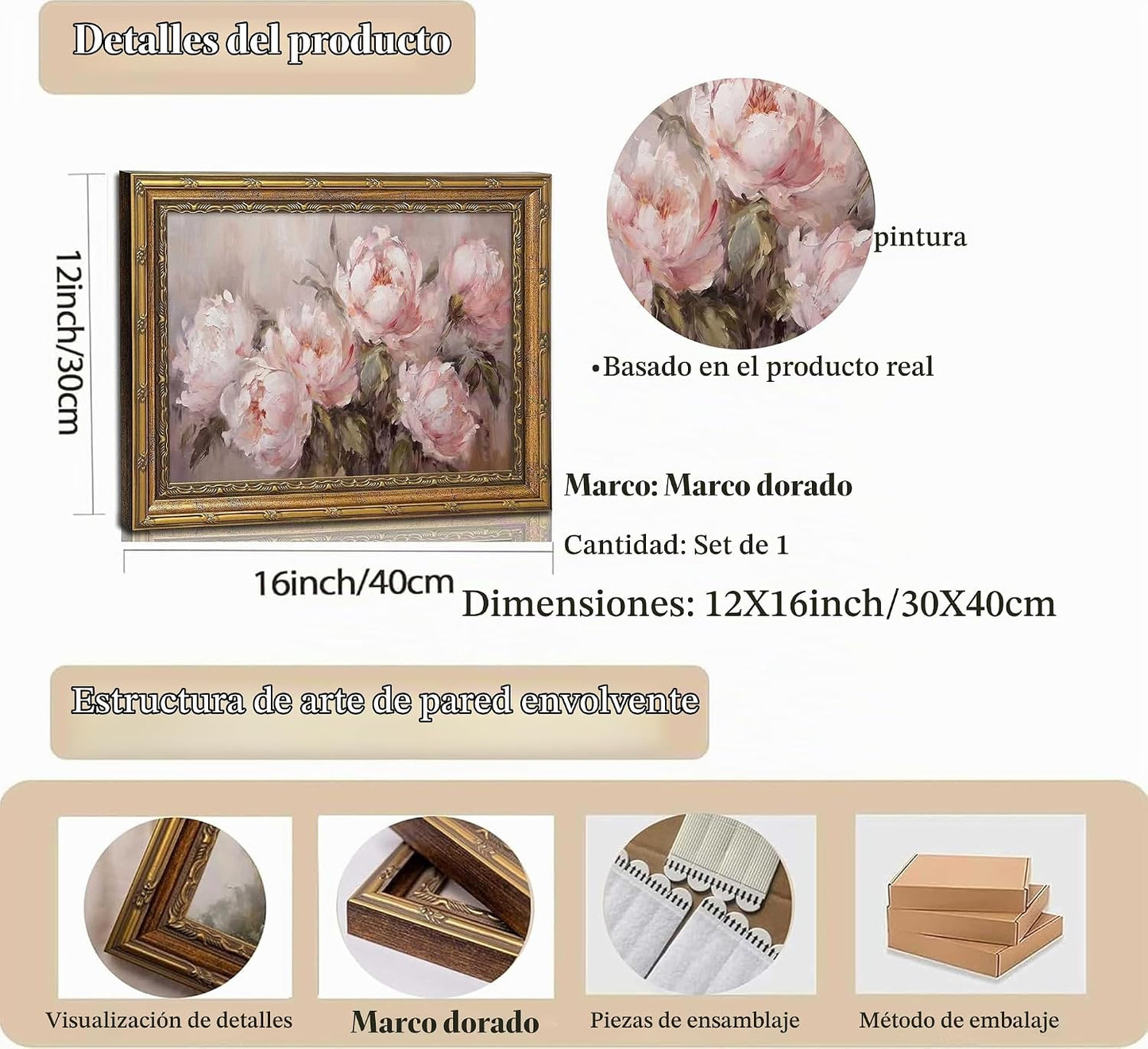 Lienzo decorativo de pared con diseño de flores rosadas con marco d...