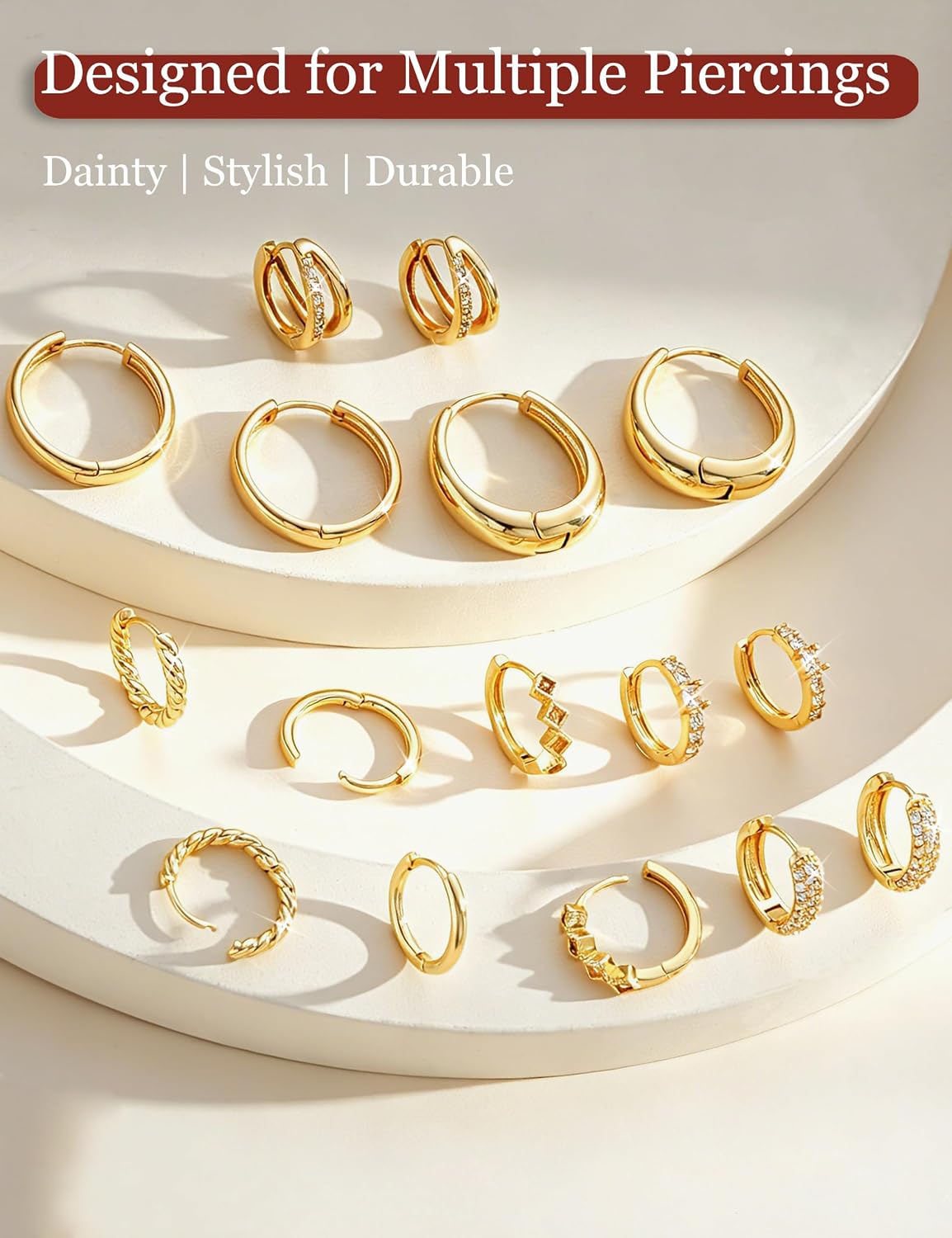 Juego de 8 pares de aretes de aro chapados en oro de 14 quilates co...
