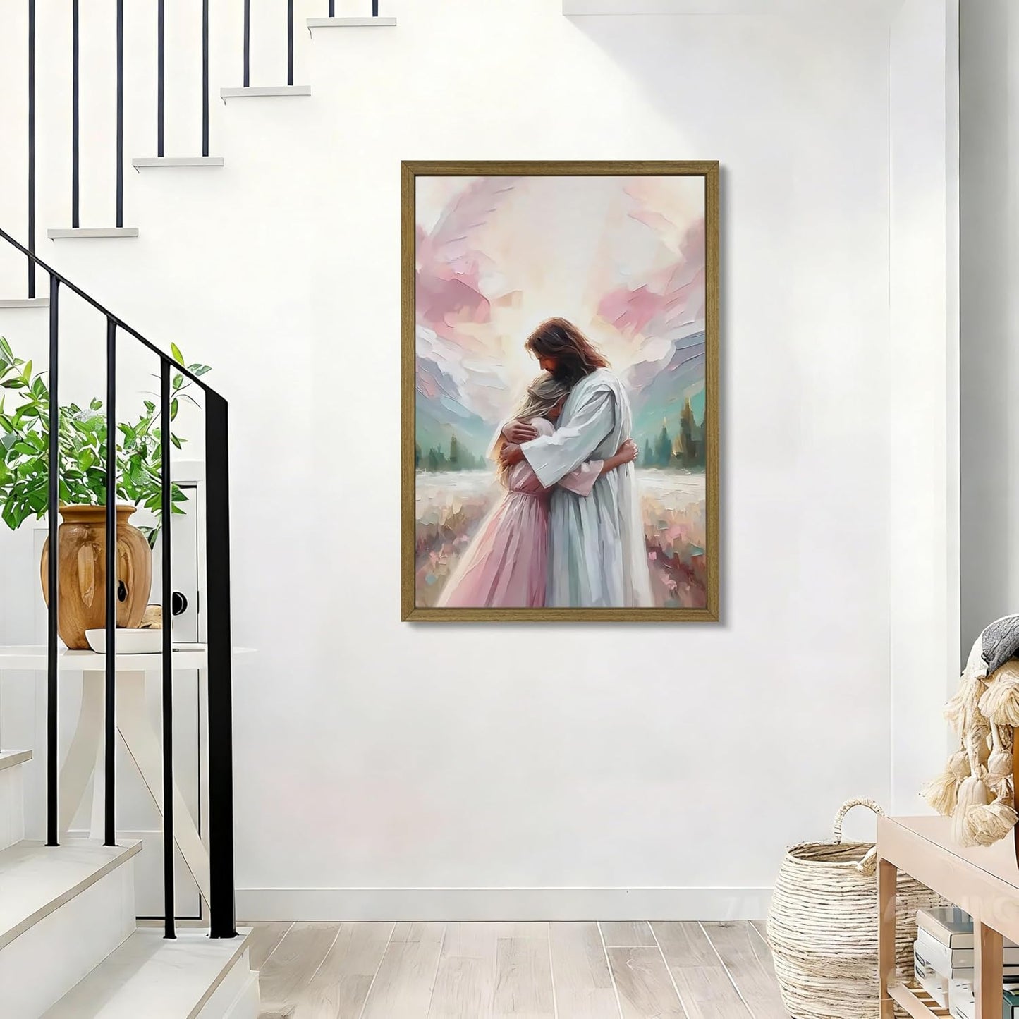 Arte de pared de Jesús rosa, lienzo cristiano para decoración de pa...