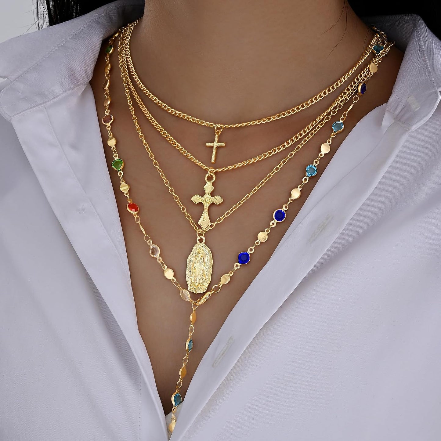 4 piezas de collares de cruz dorados en capas para mujer, modernos,...