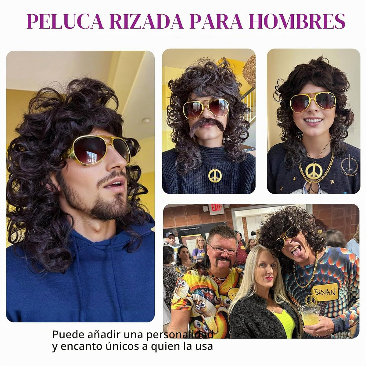 Guree Hair Peluca rizada para hombre + lentes + cadena dorada + col...