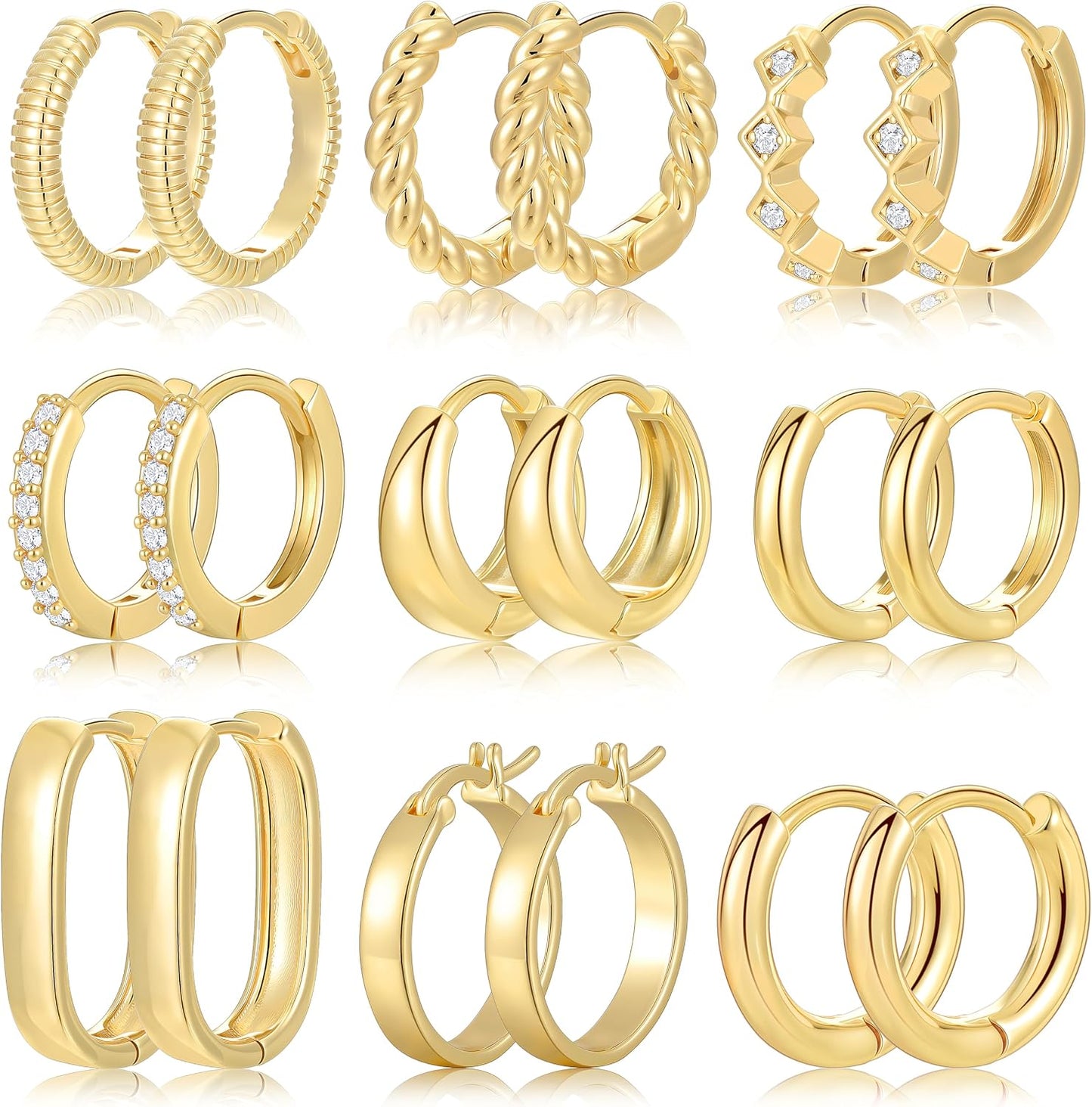 Juego de 9 pares de aretes pequeños tipo aro huggie de oro\/plata p...