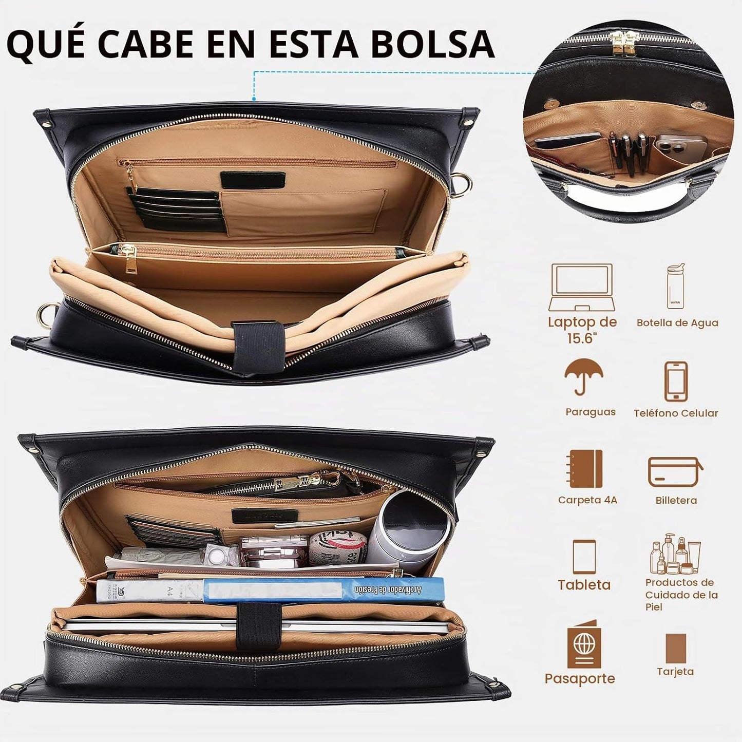 Masa Kawa Bolso de mano de cuero negro para computadora portátil de...
