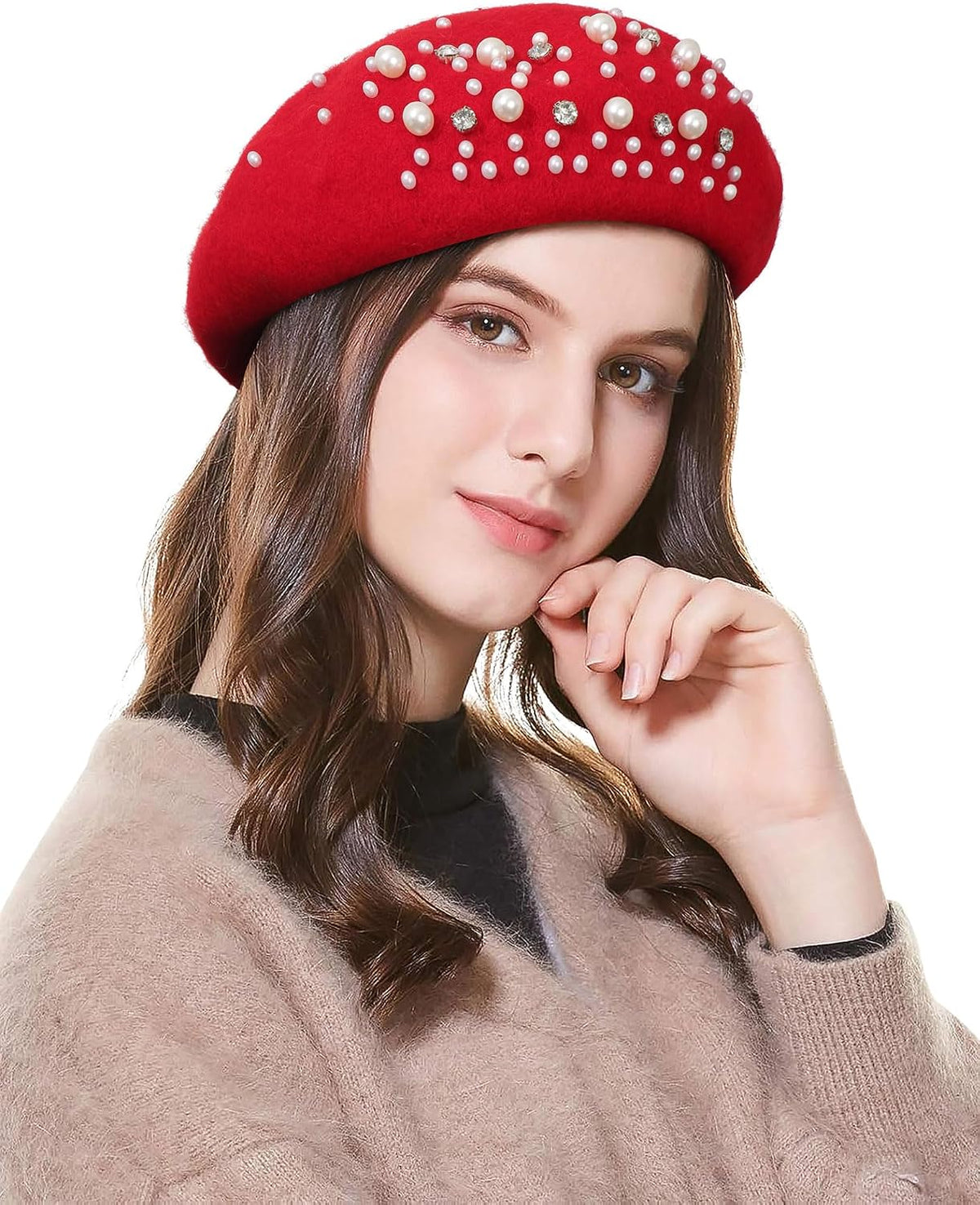 Boina clásica de lana francesa con adornos de perlas y diamantes de...