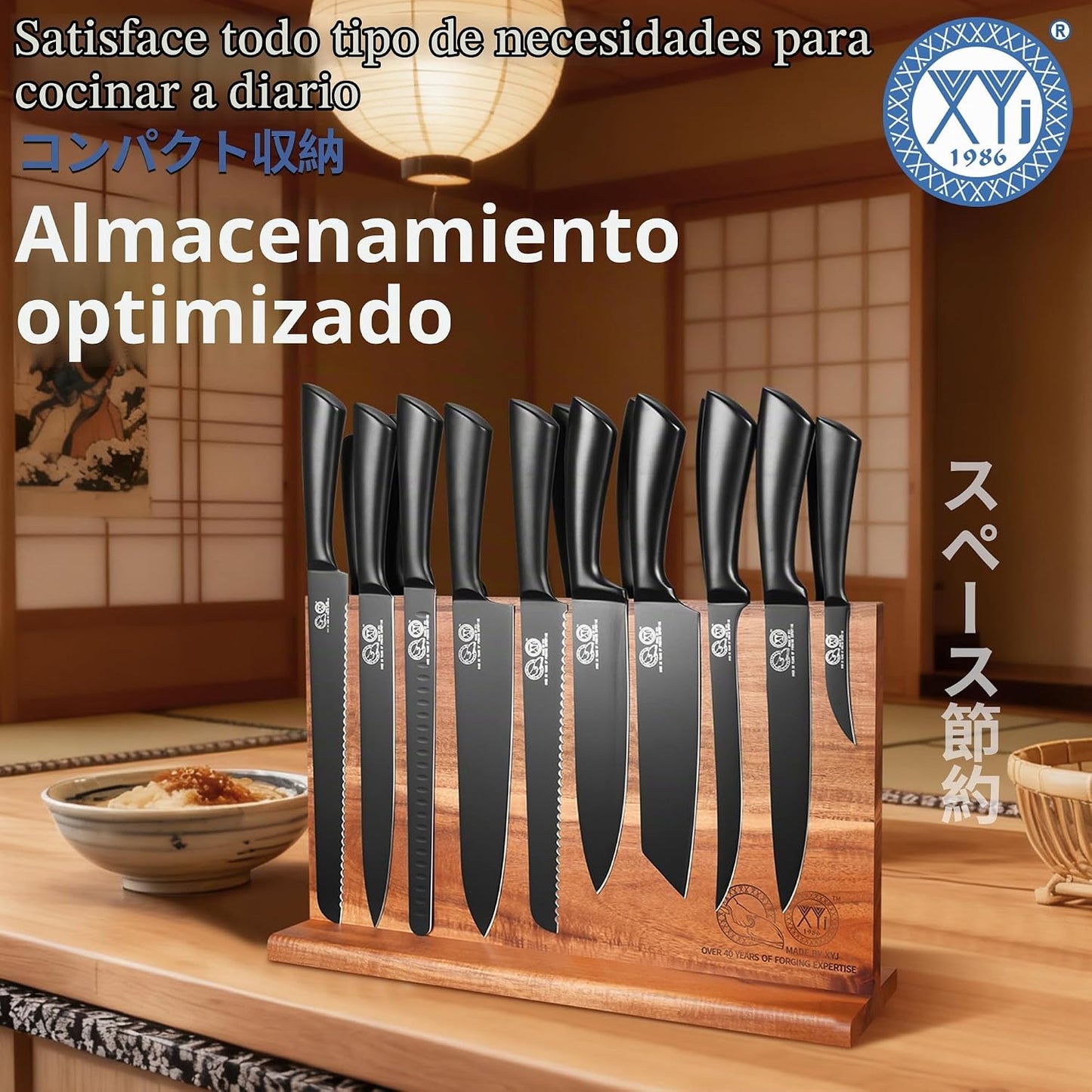 XYJ Juego de cuchillos de chef con bloque magnético de madera, tene...