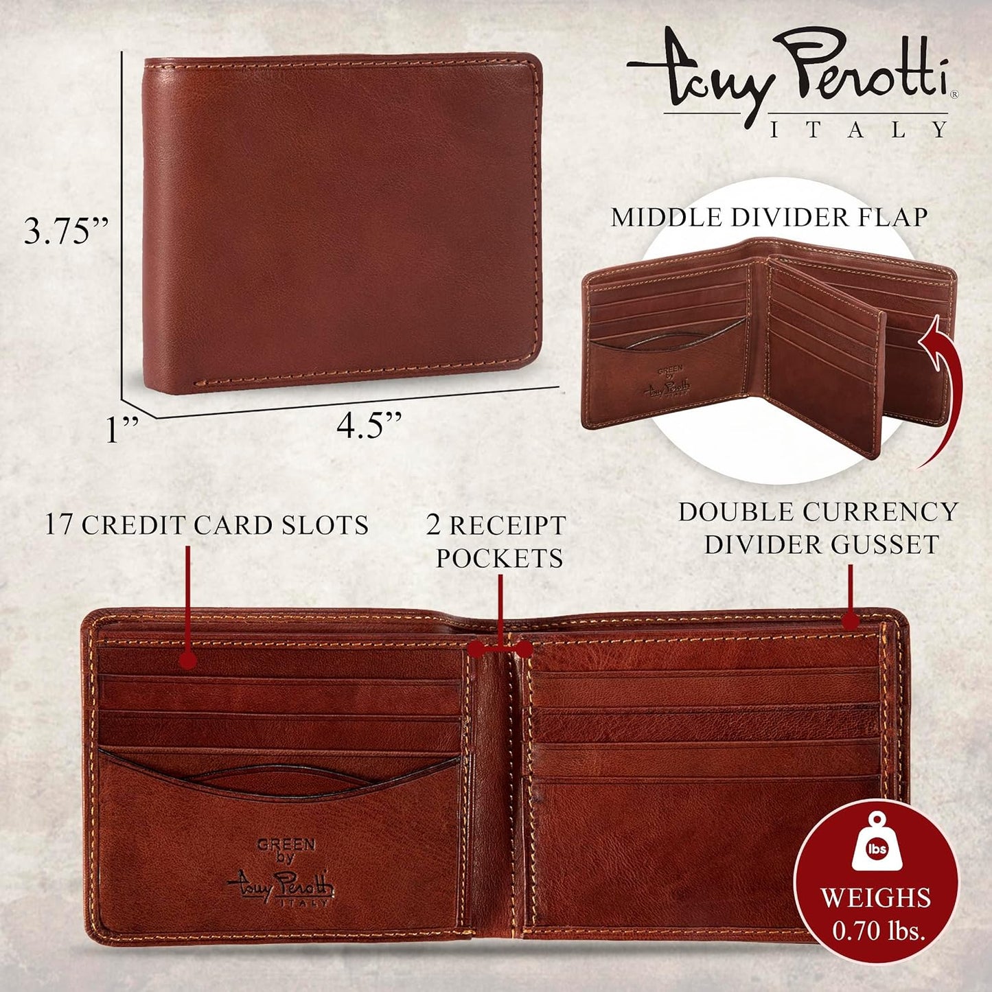 Tony Perotti Billetera plegable de cuero italiano para hombre con t...
