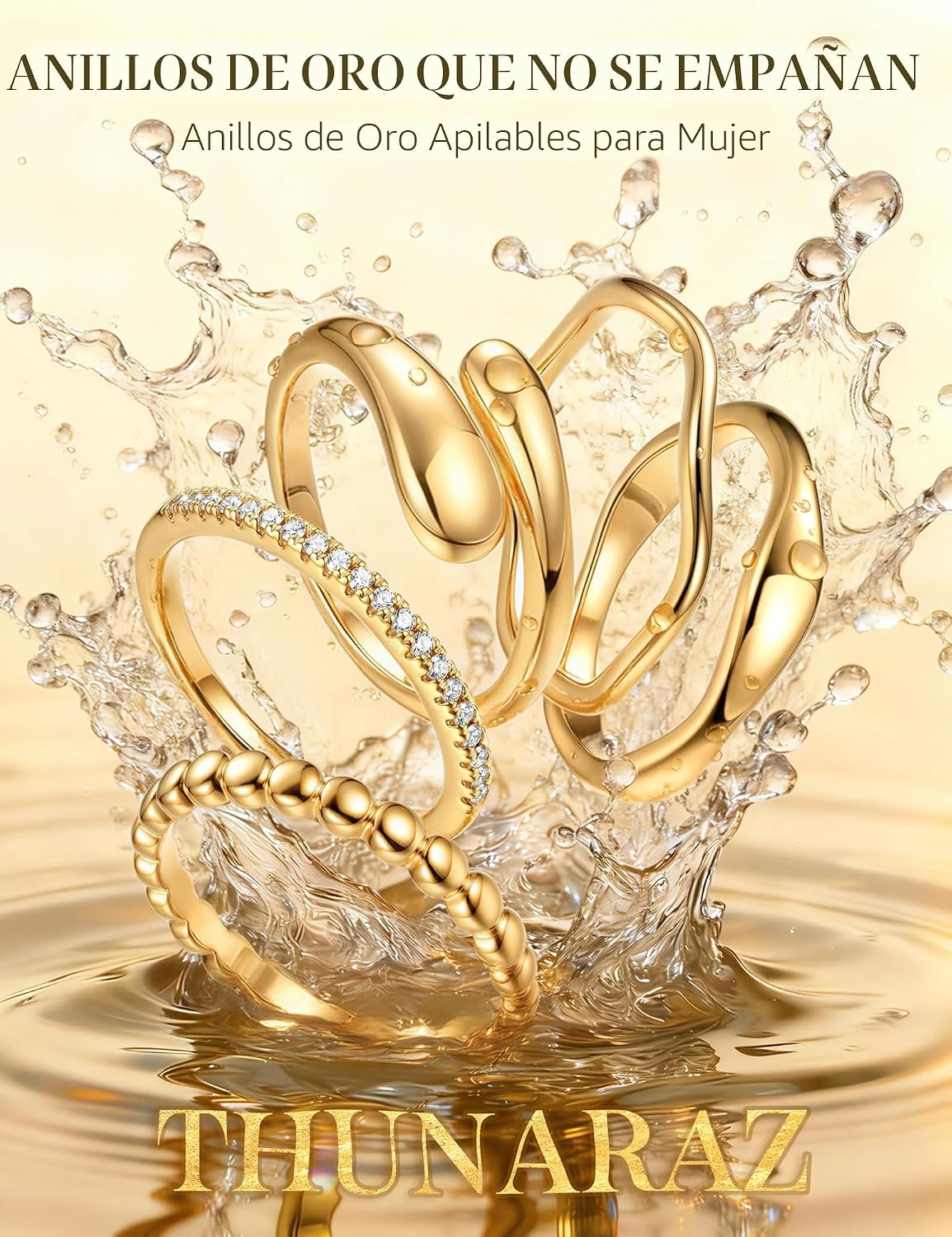 THUNARAZ Anillos chapados en oro de 14 quilates para mujer, no se d...