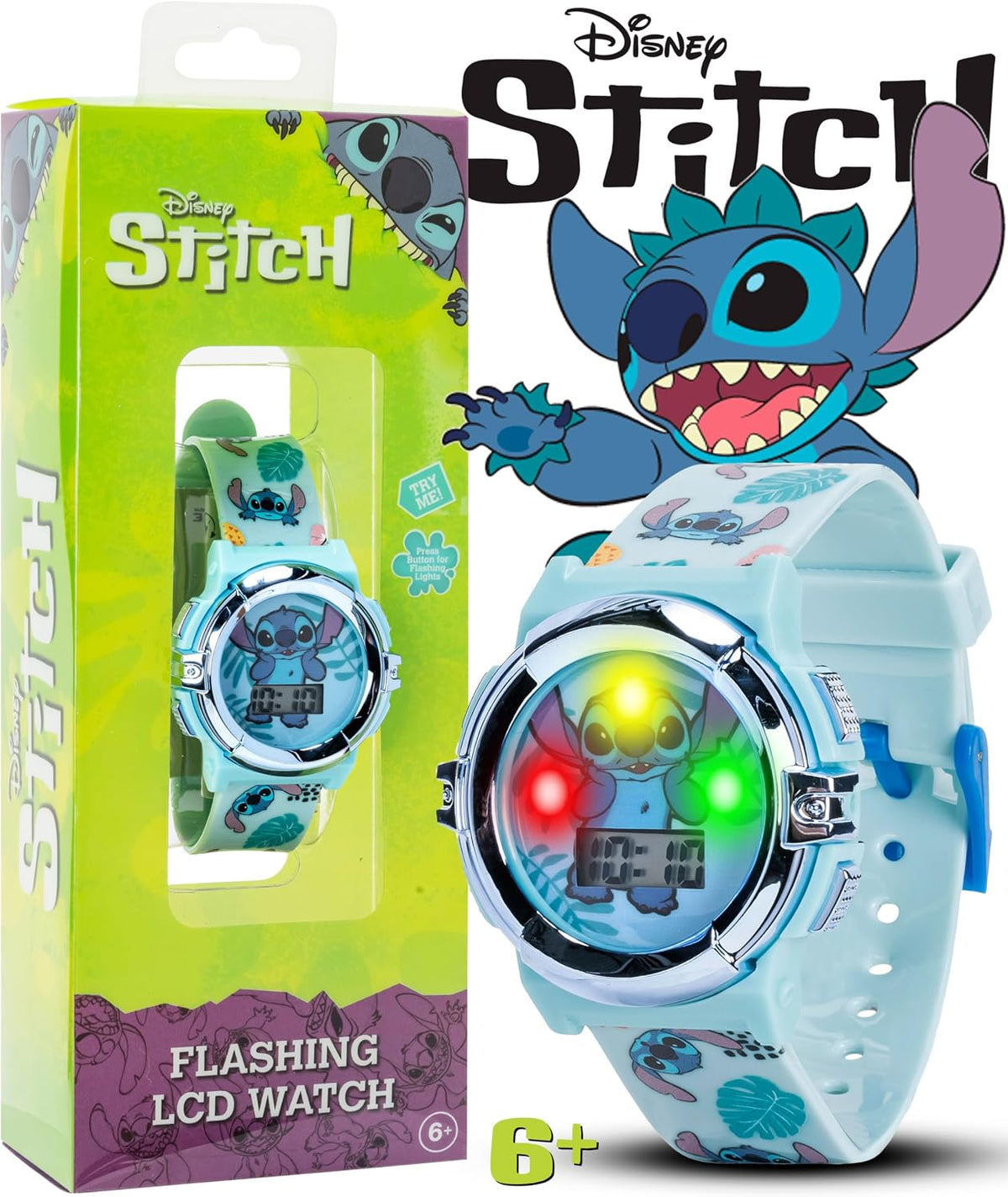 Disney Stitch - Reloj LCD para niños, esfera iluminada intermitente...