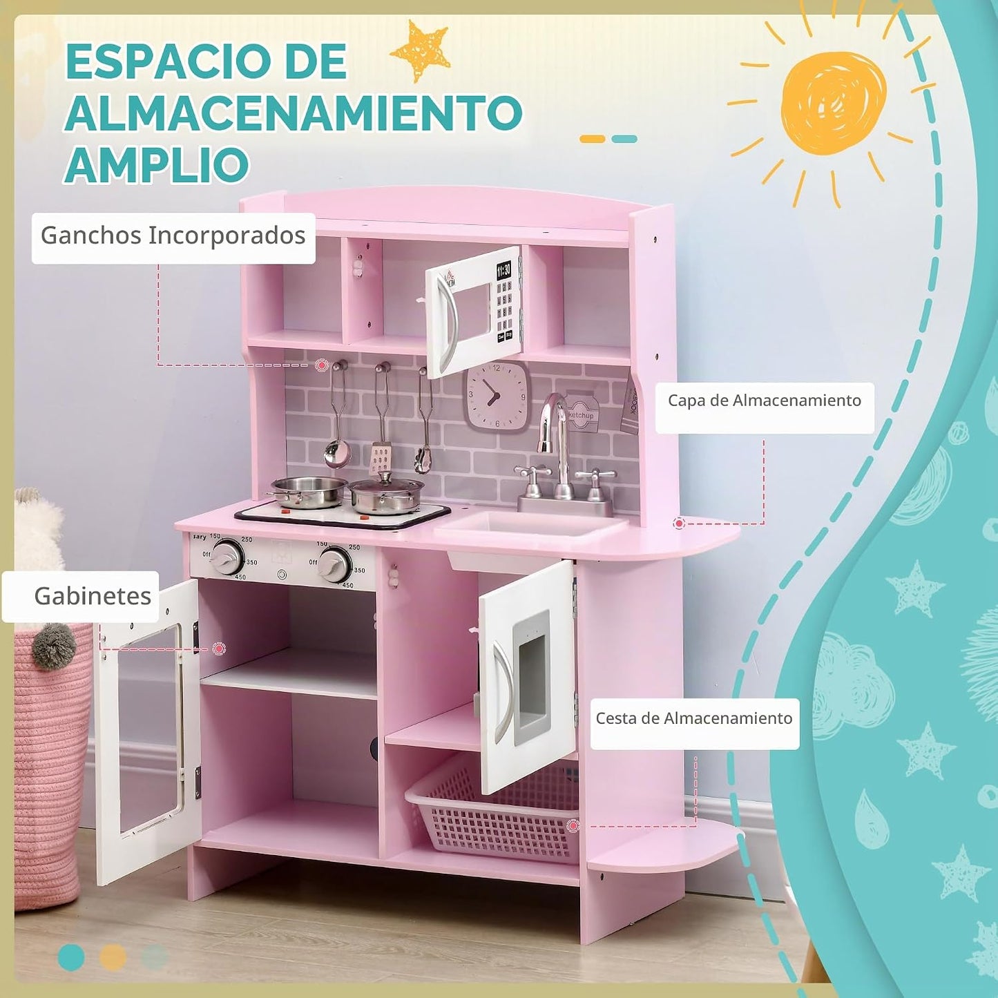 Qaba Juego de juguetes de cocina para niños, luces de estufa de 3 a...
