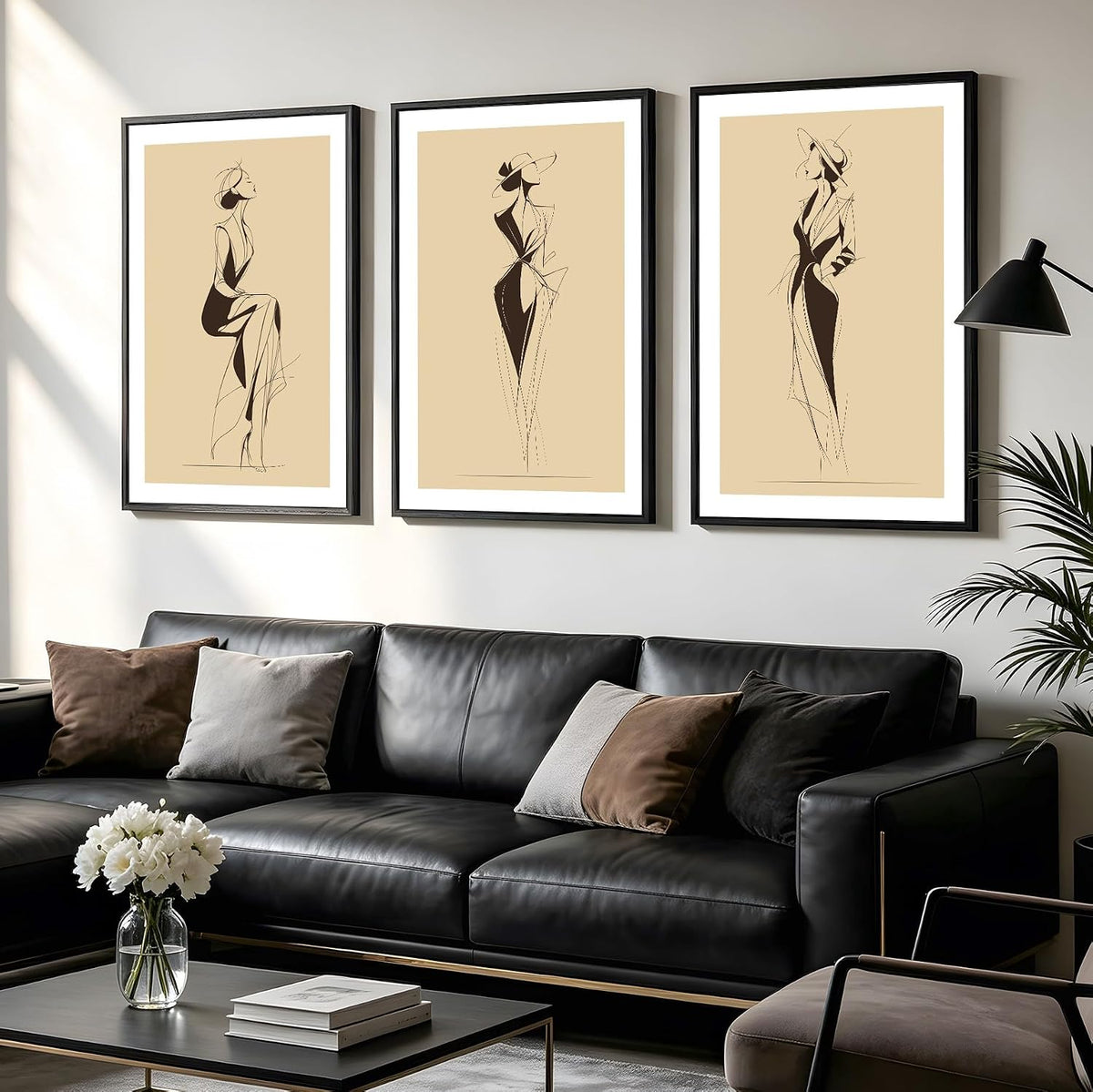 Arte de pared grande enmarcado de 3 piezas de moda de dibujo elegan...