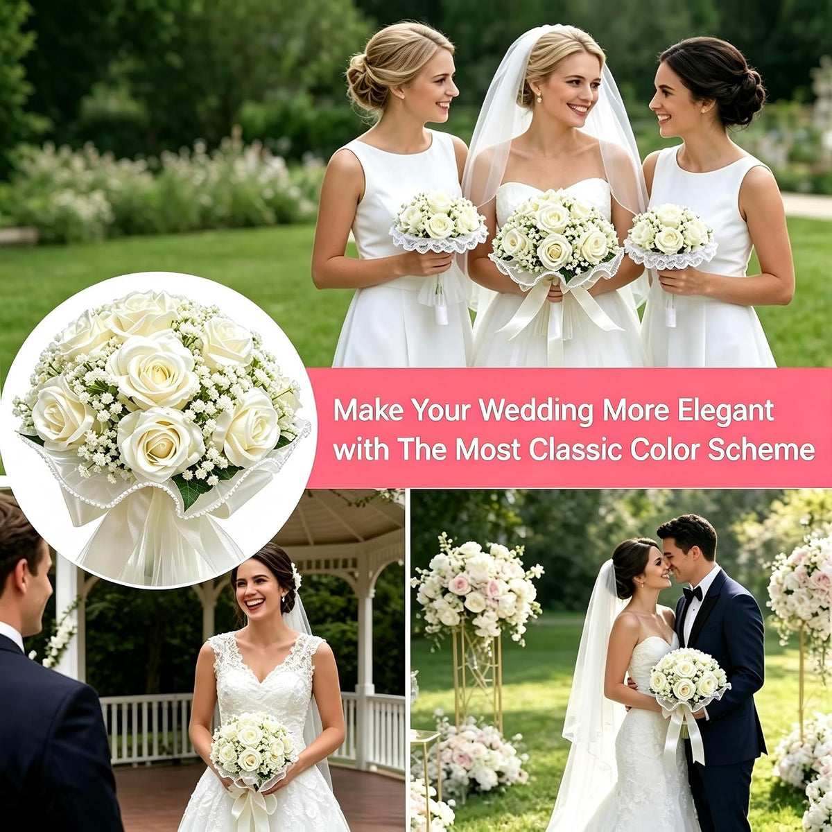 LYGIV Ramo de boda de 16 rosas artificiales de color blanco marfil...