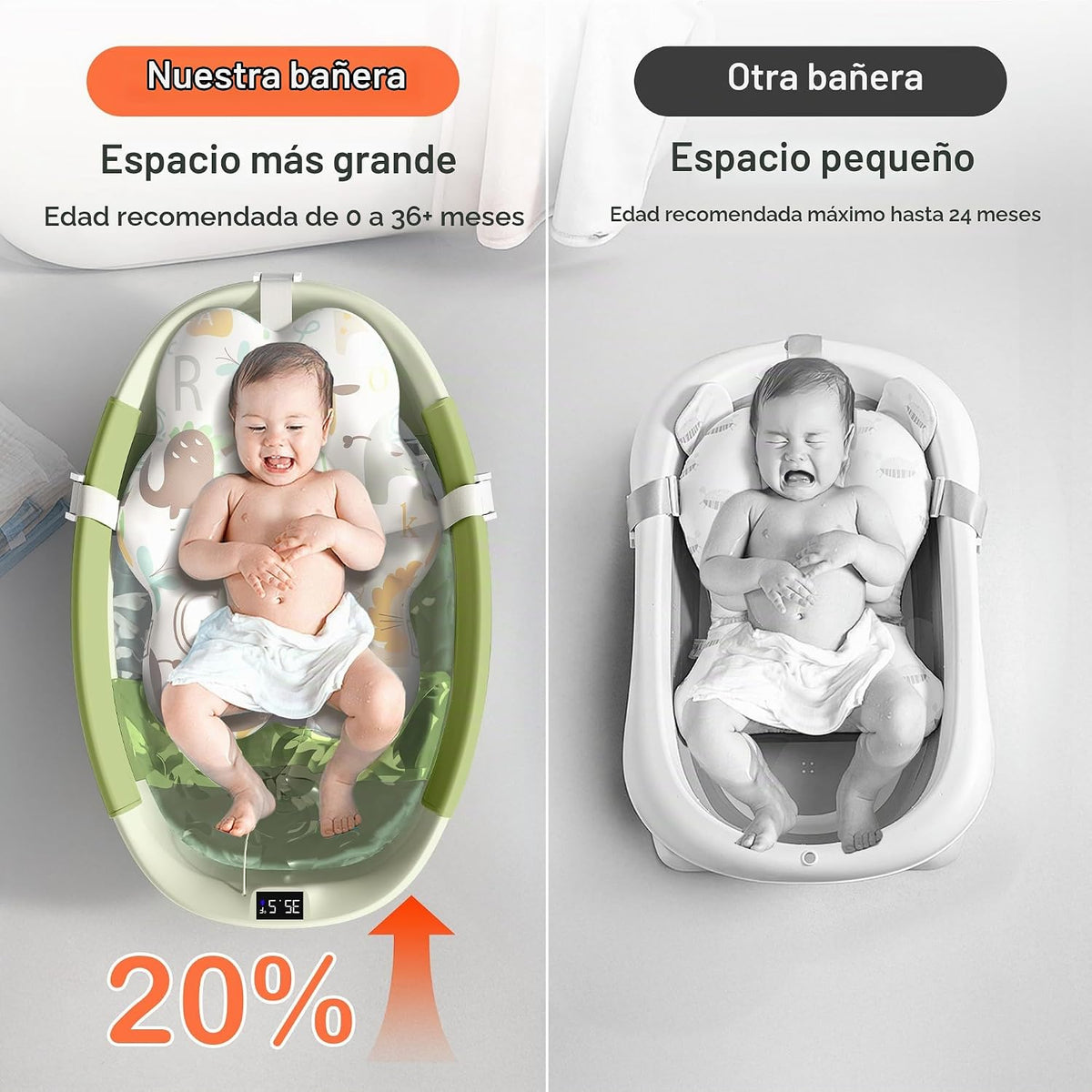 Bañera plegable para bebé, bañera grande para bebé con termómetro y...