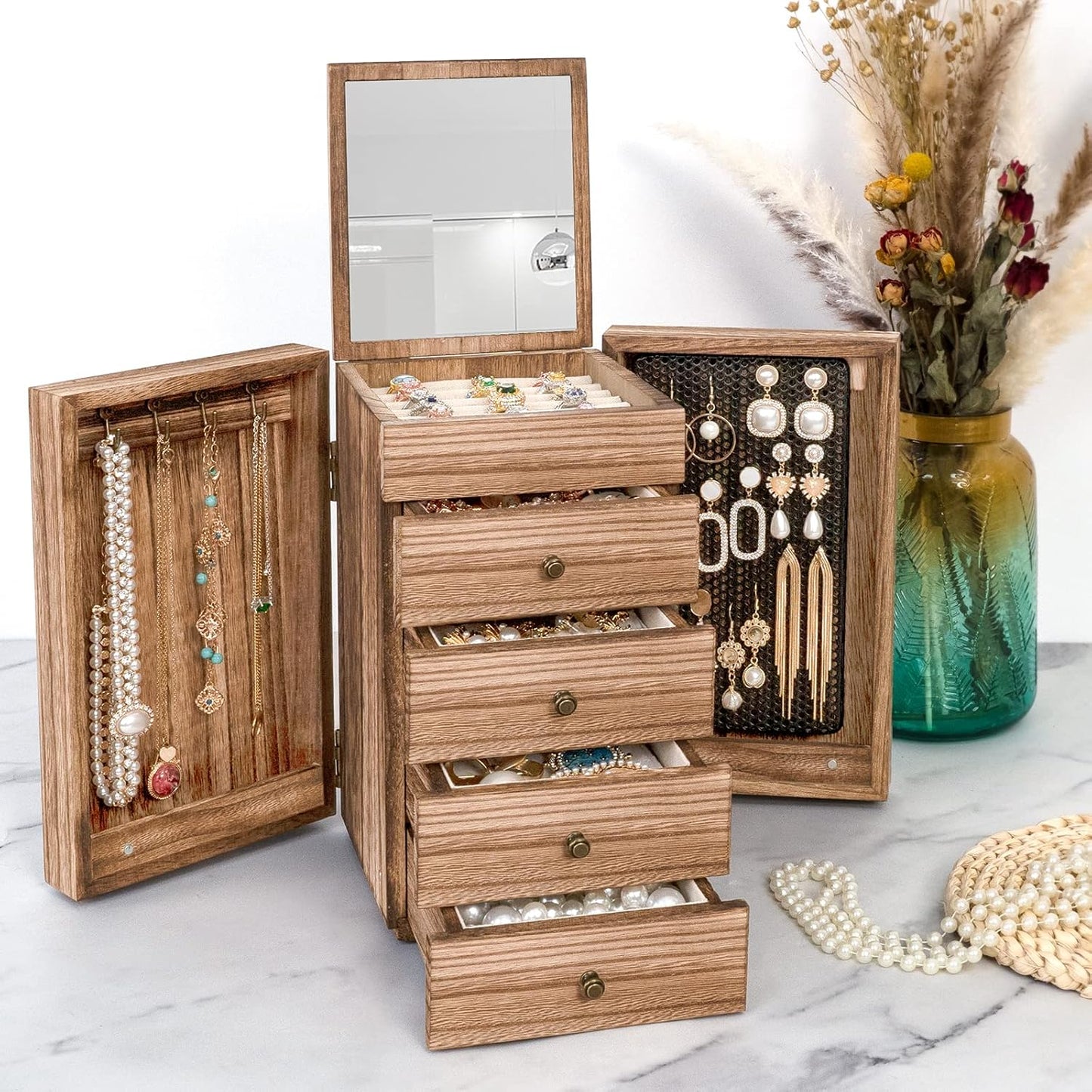 Meangood - Joyero de madera para mujeres, caja organizadora grande...