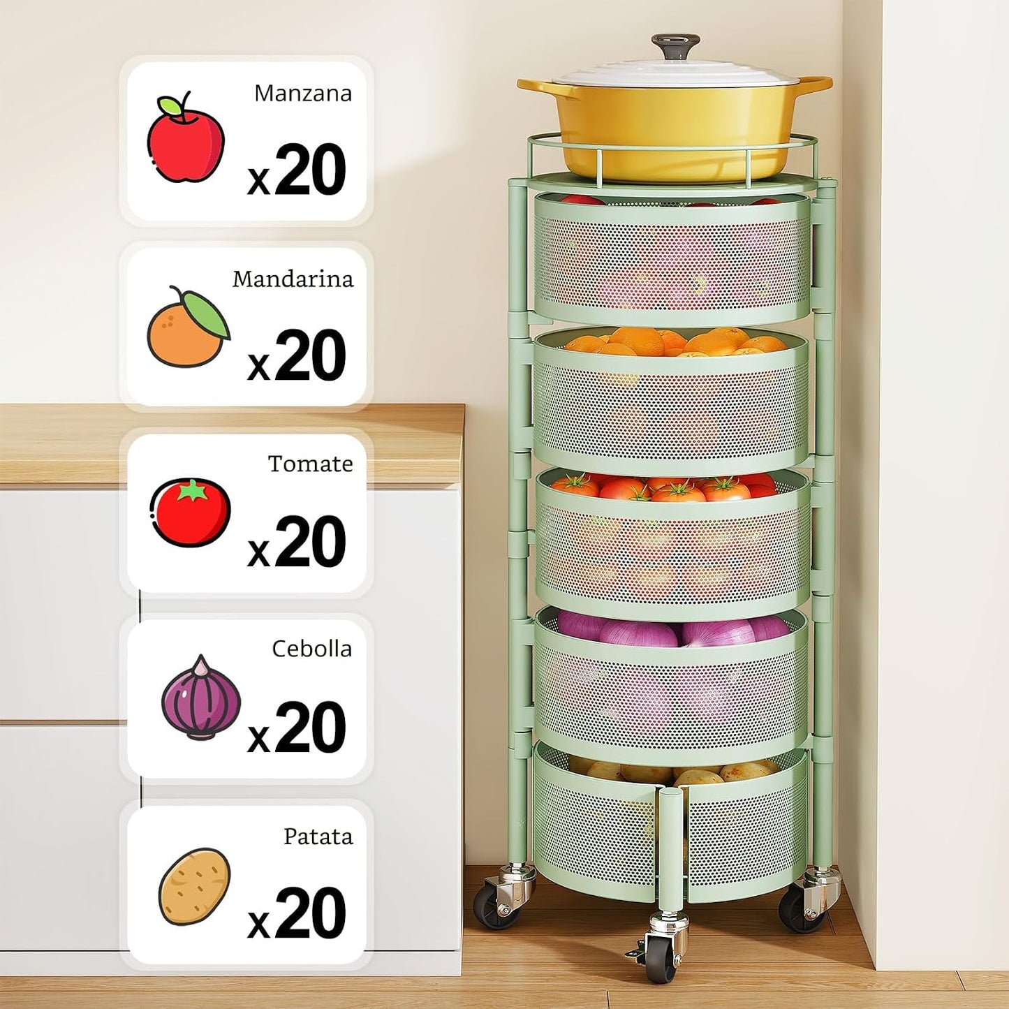 SNTD Cesta de frutas y verduras para cocina con tapa superior de me...