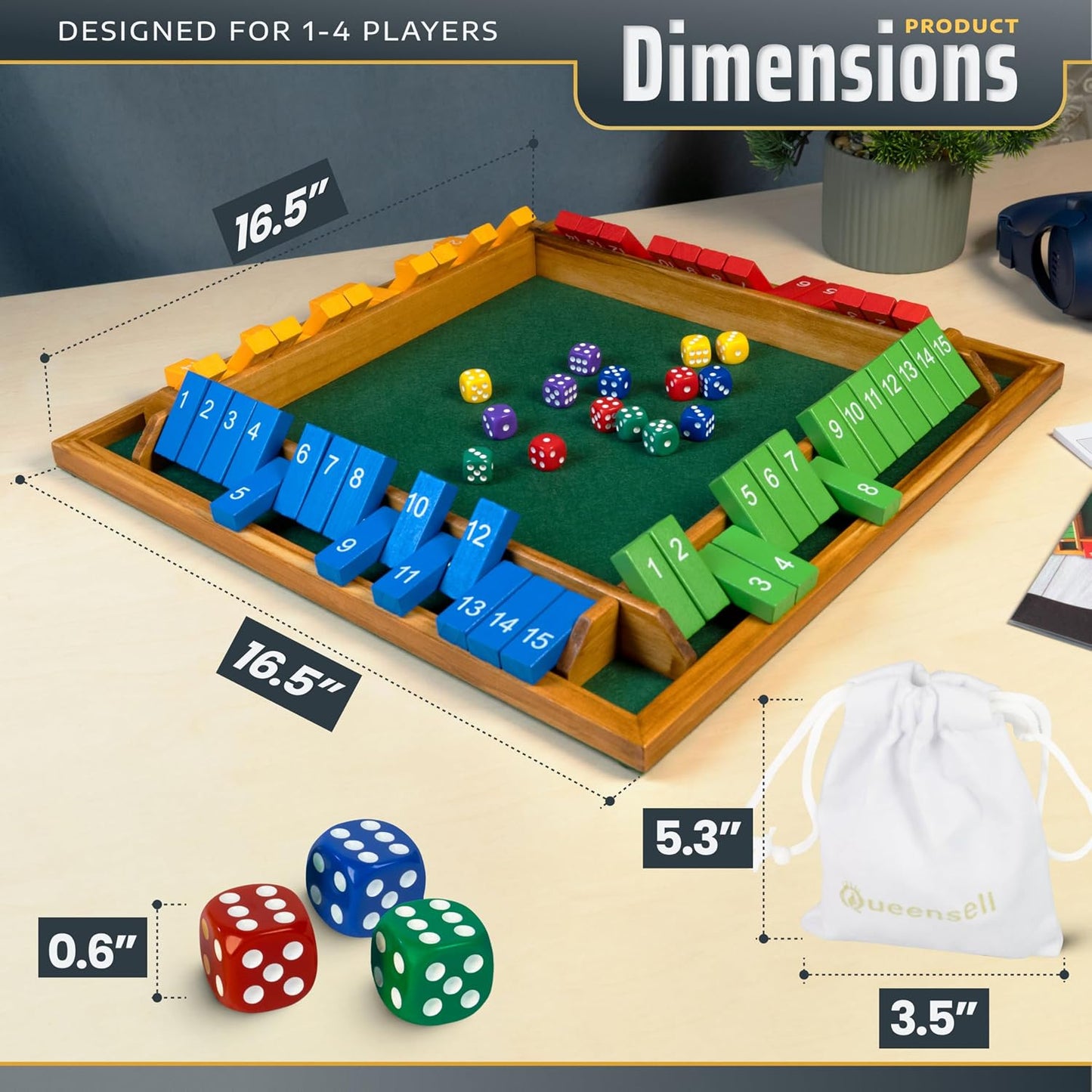 Queensell Shut The Box Juego de mesa de madera para 4 jugadores, ju...