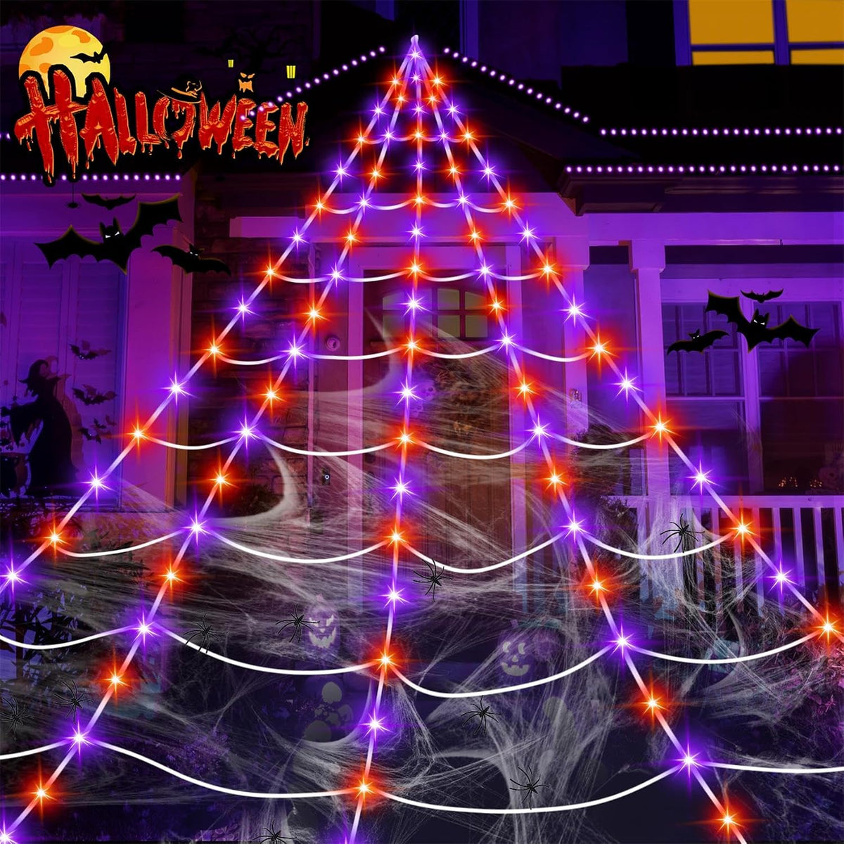 Decoraciones de Halloween al aire libre, 200 luces LED de telaraña...