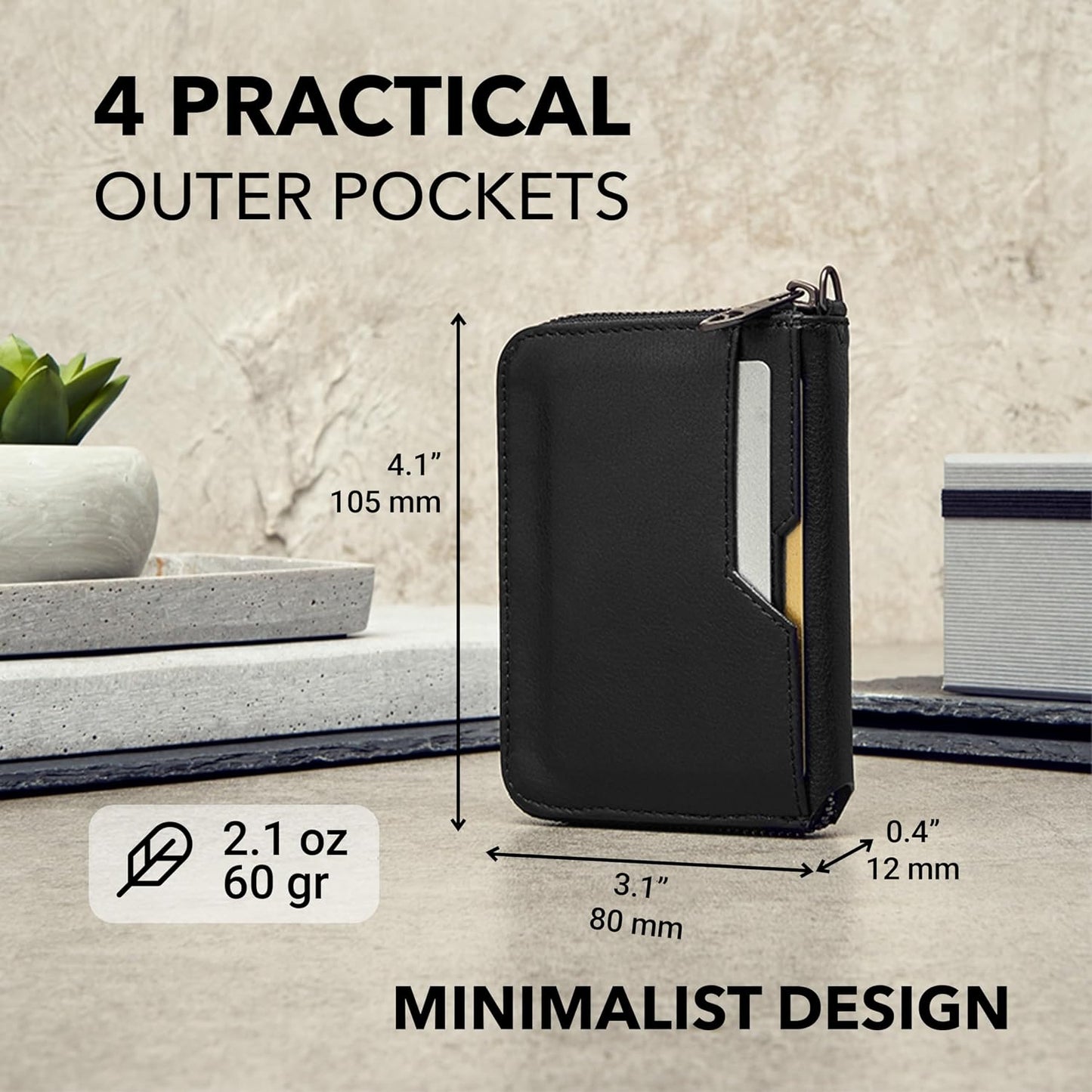 Vaultskin - Cartera de cuero con cierre de cremallera, minimalista...