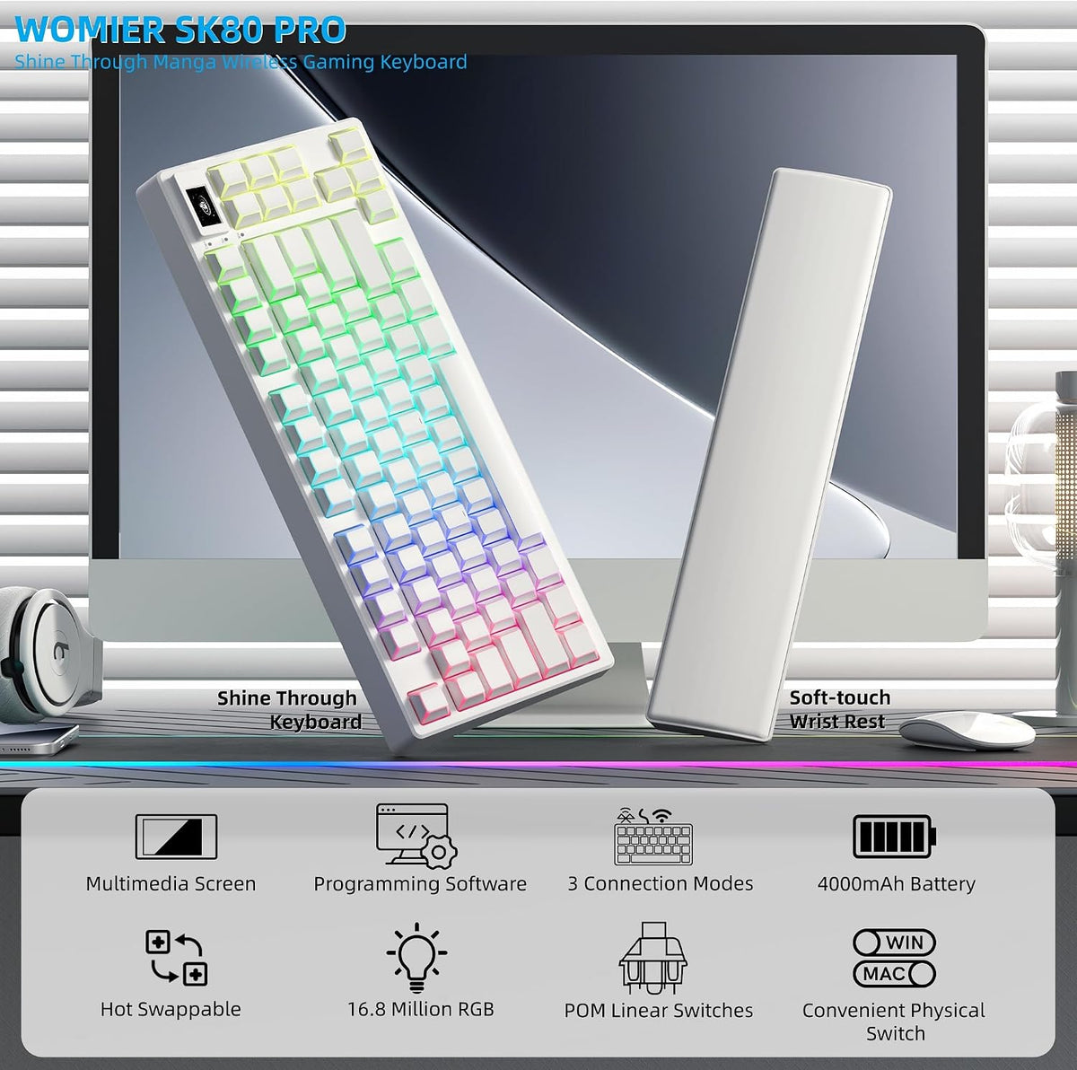 Womier Teclado mecánico inalámbrico 75% con pantalla multimedia a c...
