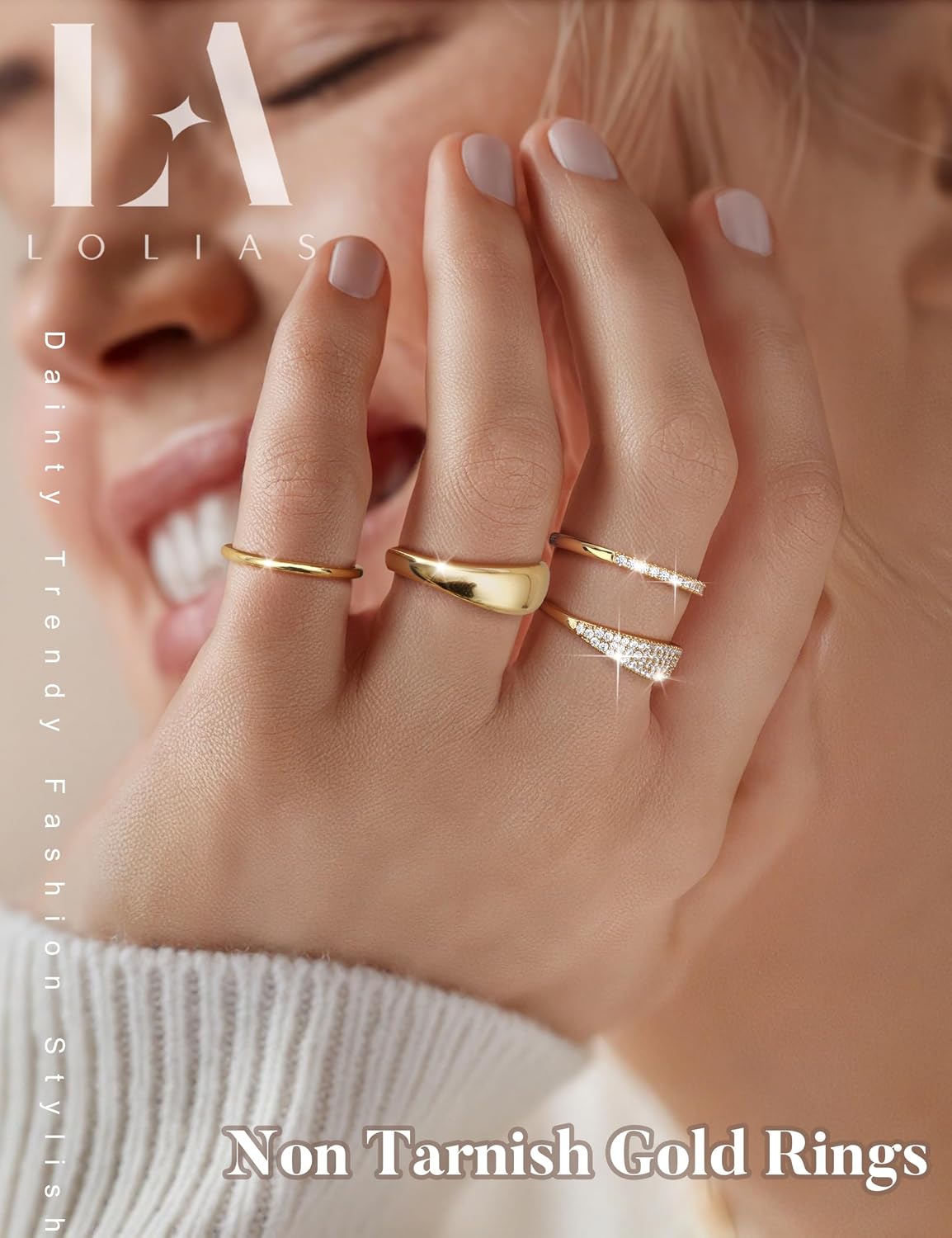 LOLIAS Anillos apilables chapados en oro de 14 quilates para mujer...