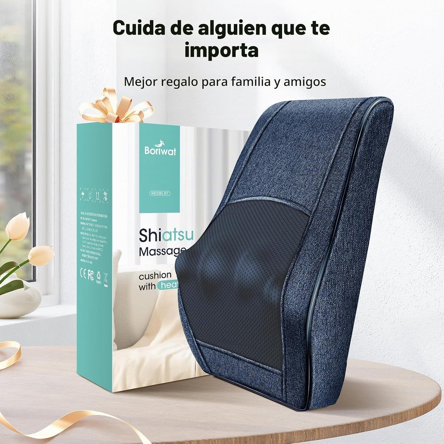 Boriwat Masajeador de cuello y espalda con calor, almohada de masaj...