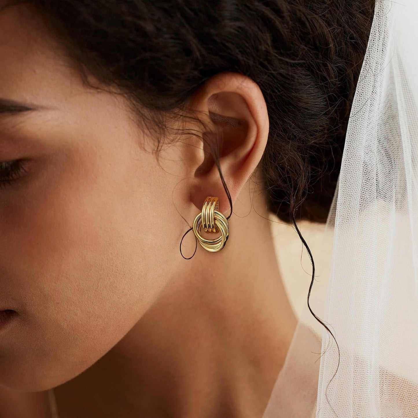 SHERLOVE Pendientes de nudo chapados en oro de moda para mujer, are...