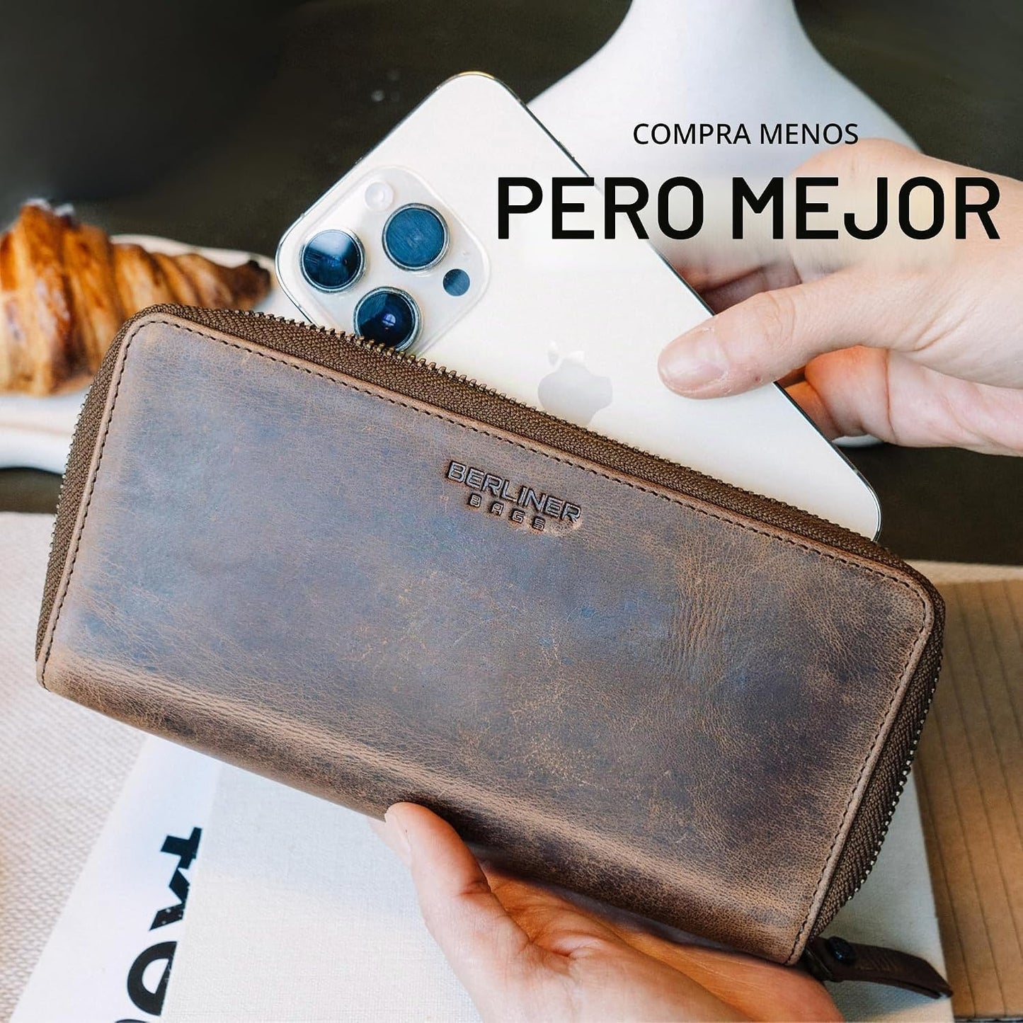 BERLINER BAGS Cartera de cuero genuino con cremallera para mujer, c...