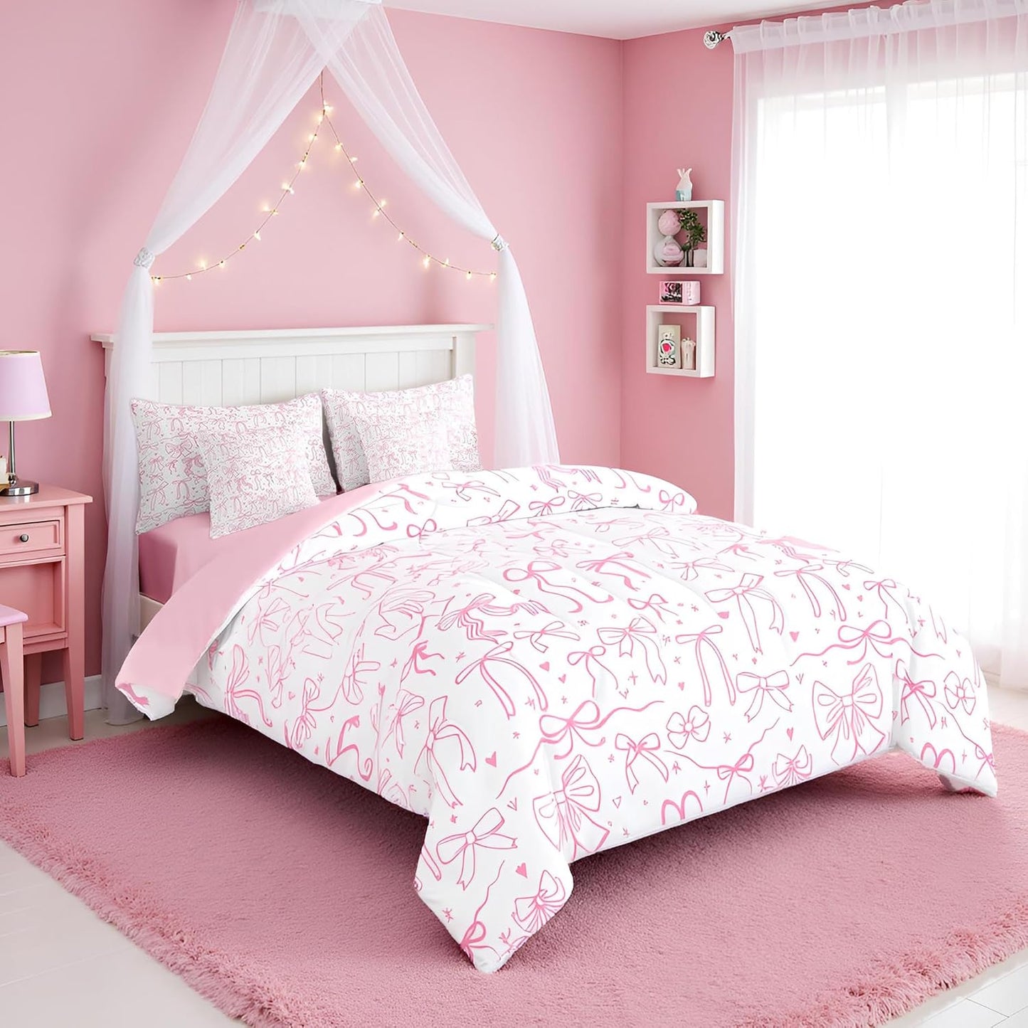 Juego de edredón de 7 piezas con lazo rosa para niñas, tamaño Queen...