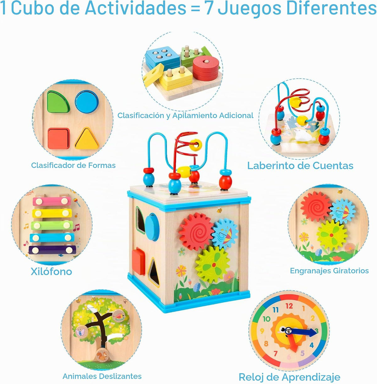 WOODMAM Cubo de Actividades de Madera 7 en 1, Juguetes Montessori p...