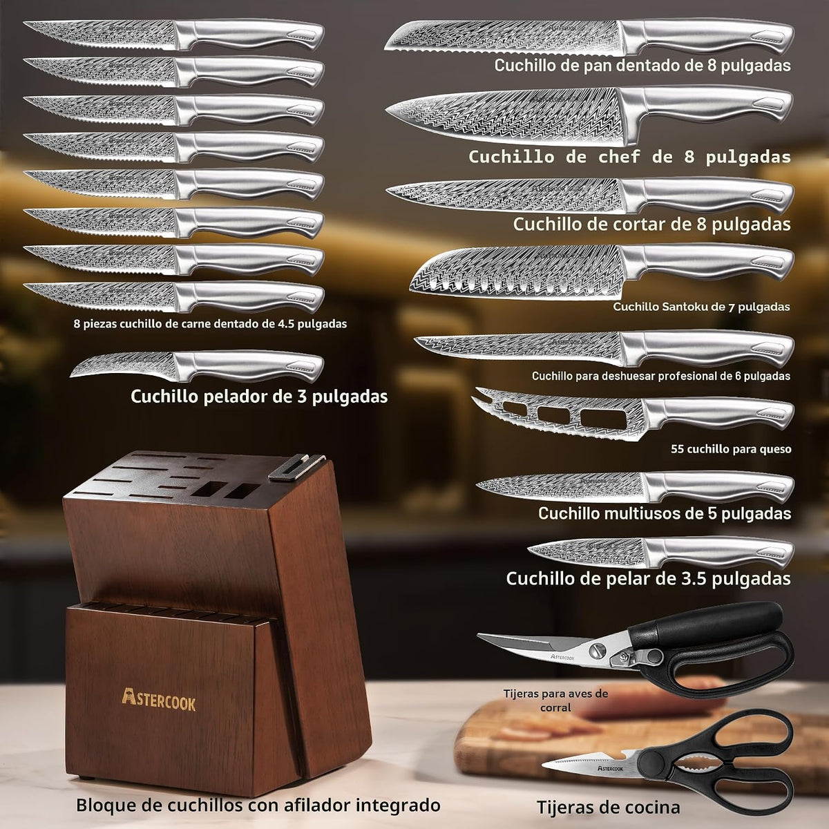 Astercook - Juego de cuchillos de cocina de 21 piezas con afilador...