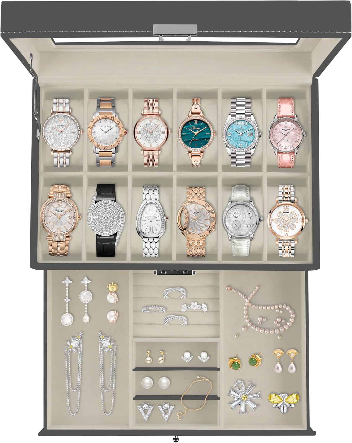 Ogrmar Caja de almacenamiento de reloj con cerradura de cuero PU de...