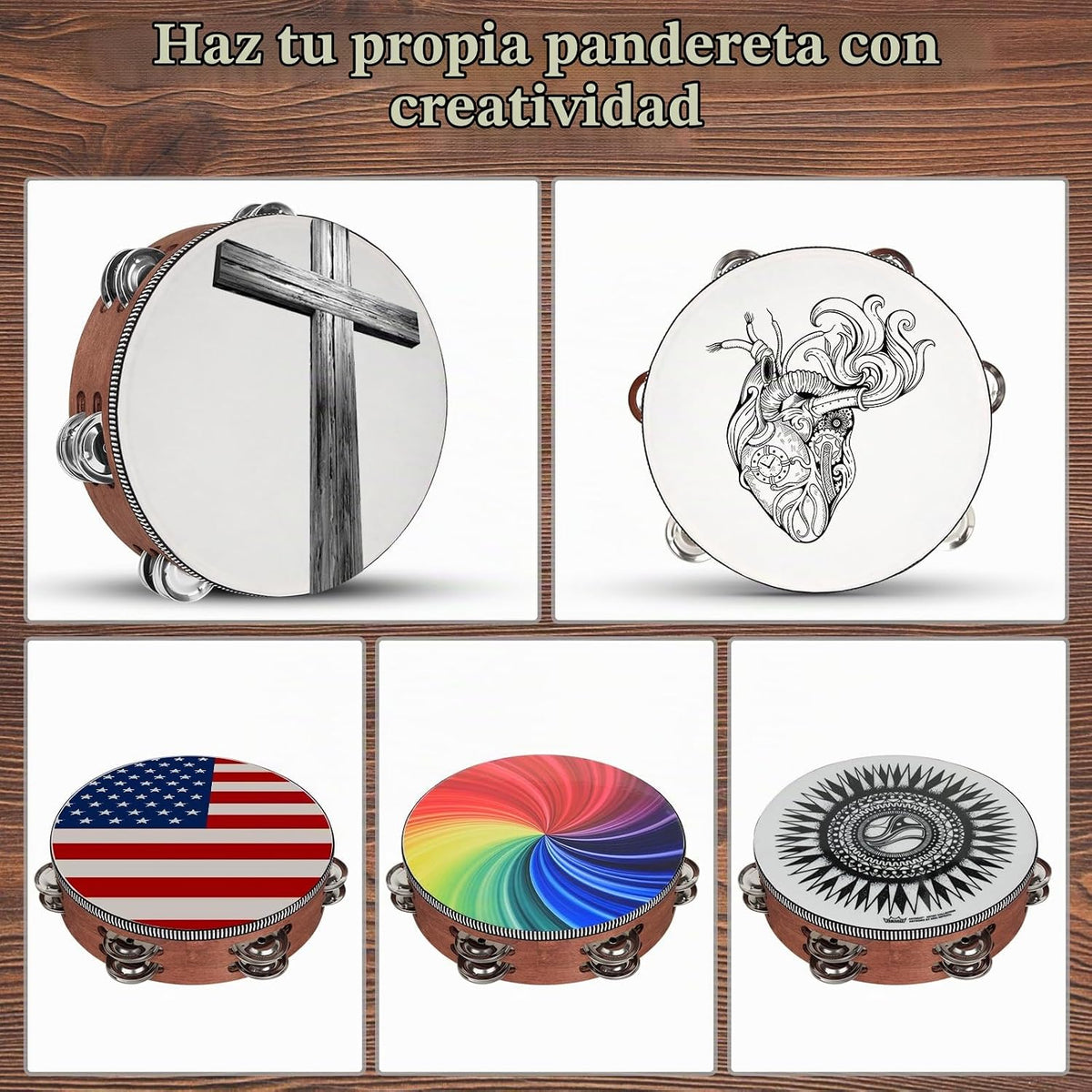 Pandereta de percusión de mano de madera con bolsa de almacenamient...