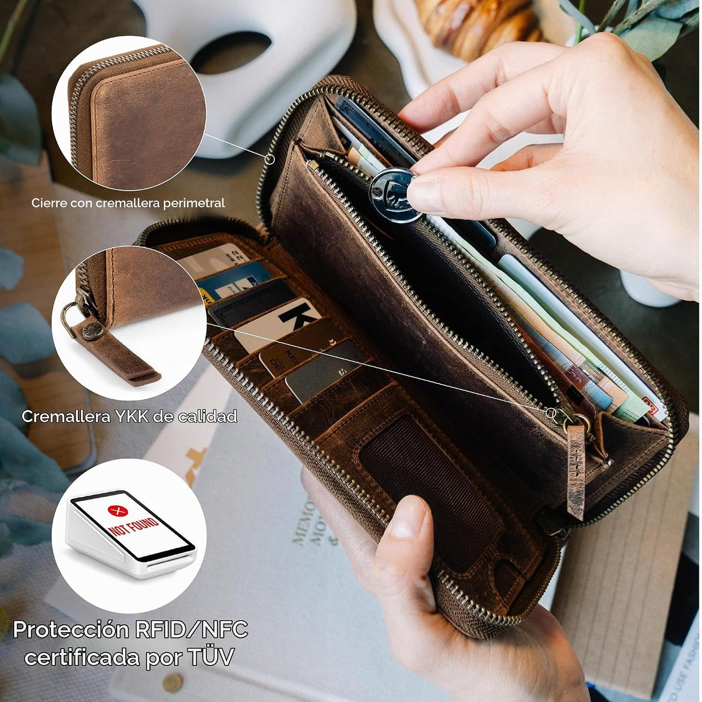BERLINER BAGS Cartera de cuero genuino con cremallera para mujer, c...