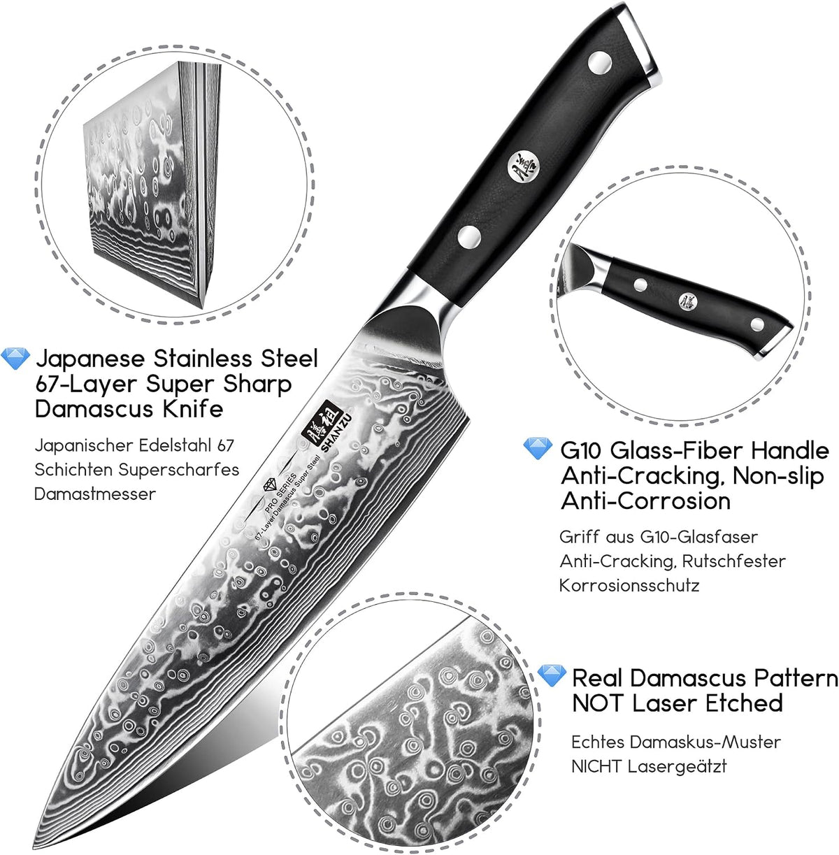 SHAN ZU - Cuchillo de chef de 8 pulgadas de acero damasceno japonés...
