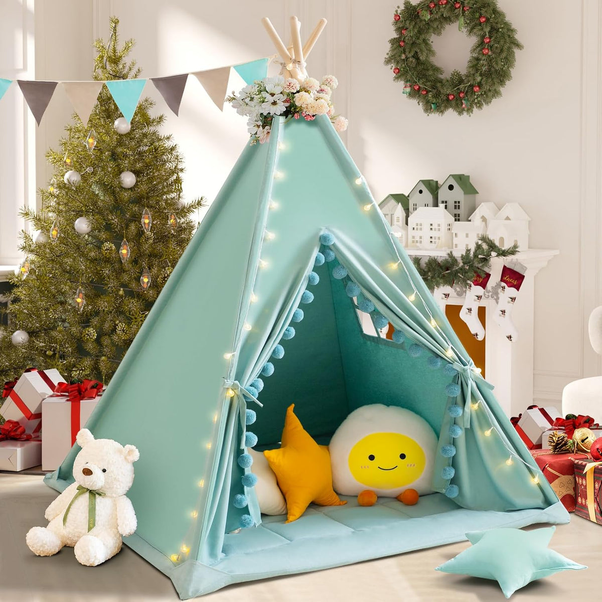 Tienda de campaña tipi para niños con alfombrilla acolchada, lona d...