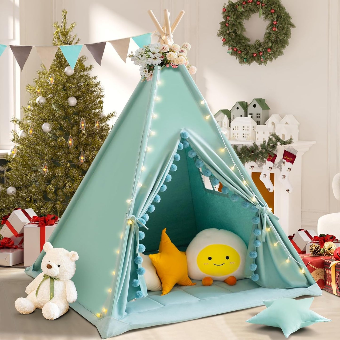Tienda de campaña tipi para niños con alfombrilla acolchada, lona d...
