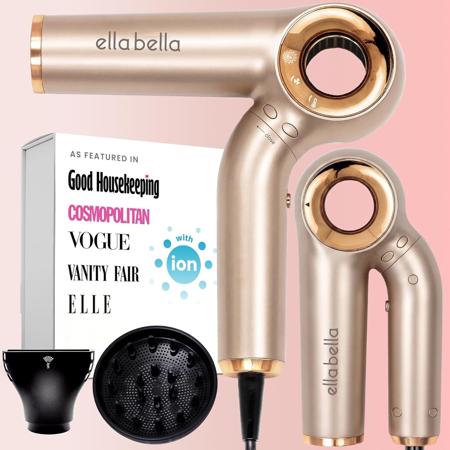 ELLA BELLA® Secador de pelo iónico (plegable) con difusor, perfecto...