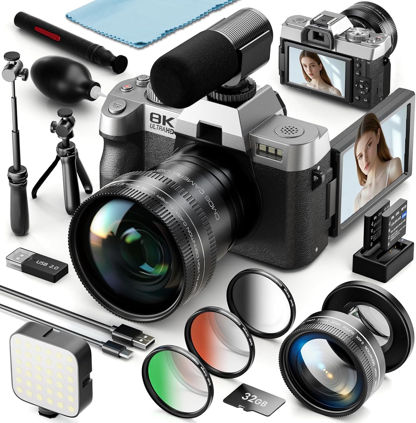 Cámaras digitales de 8K 64MP para fotografía, zoom 16X, 3 filtros d...