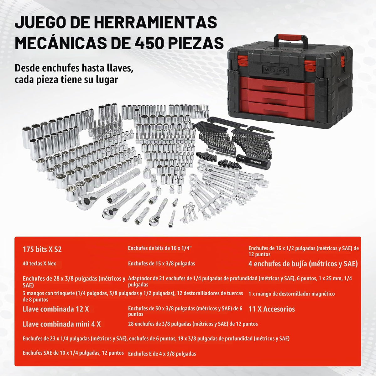 WORKPRO Juego de 450 piezas de llaves de vaso de 1\/2" 1\/4"...