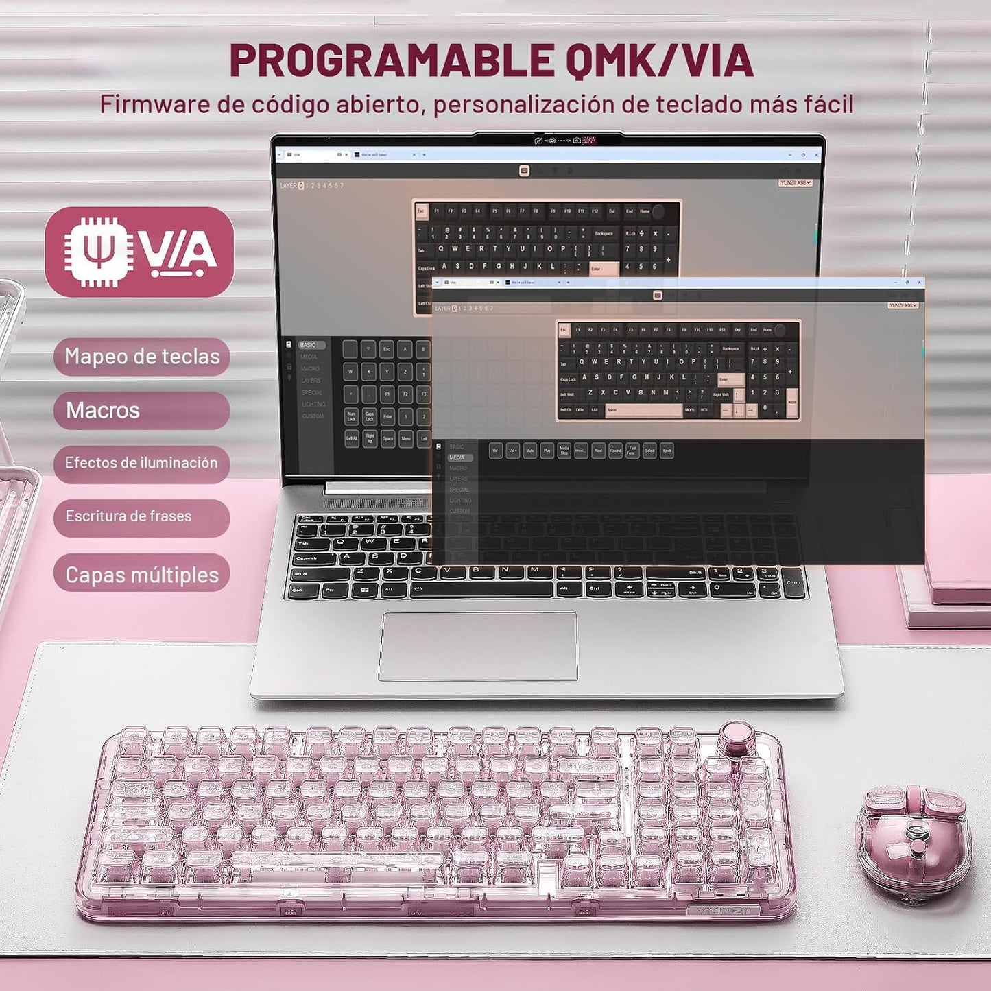 YUNZII X98 QMK\/VIA Teclado Mecánico Inalámbrico para Juegos con Pe...