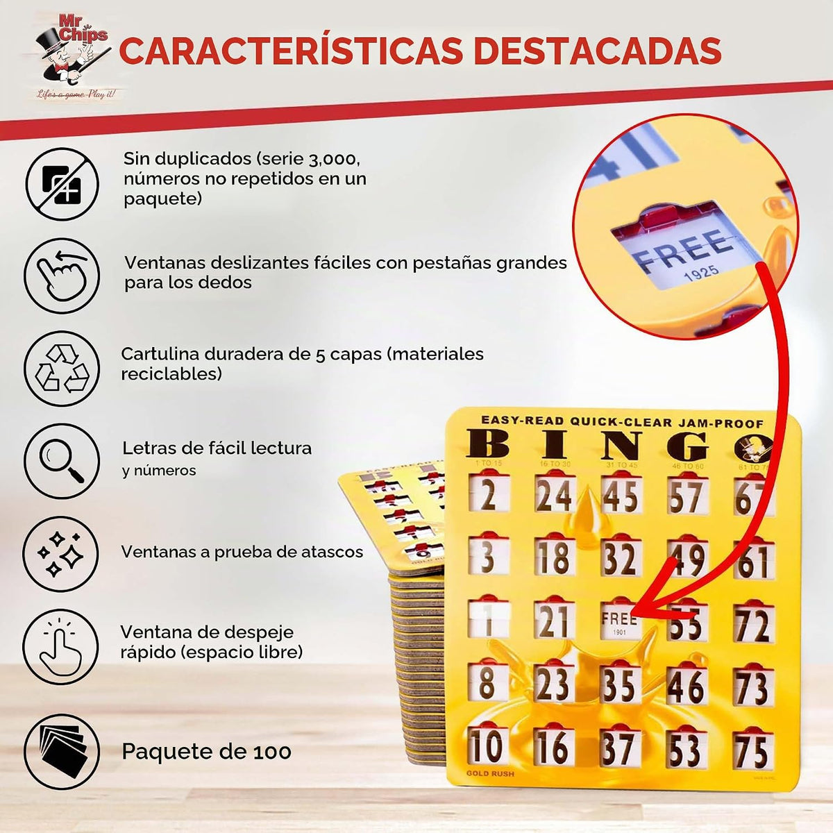 MR CHIPS Tarjetas de bingo deslizantes con ventana deslizante, fáci...