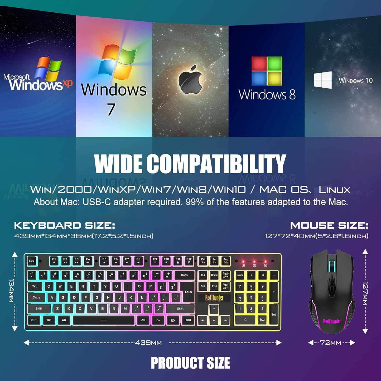 RedThunder K10 - Combo de teclado y ratón inalámbricos para juegos,...