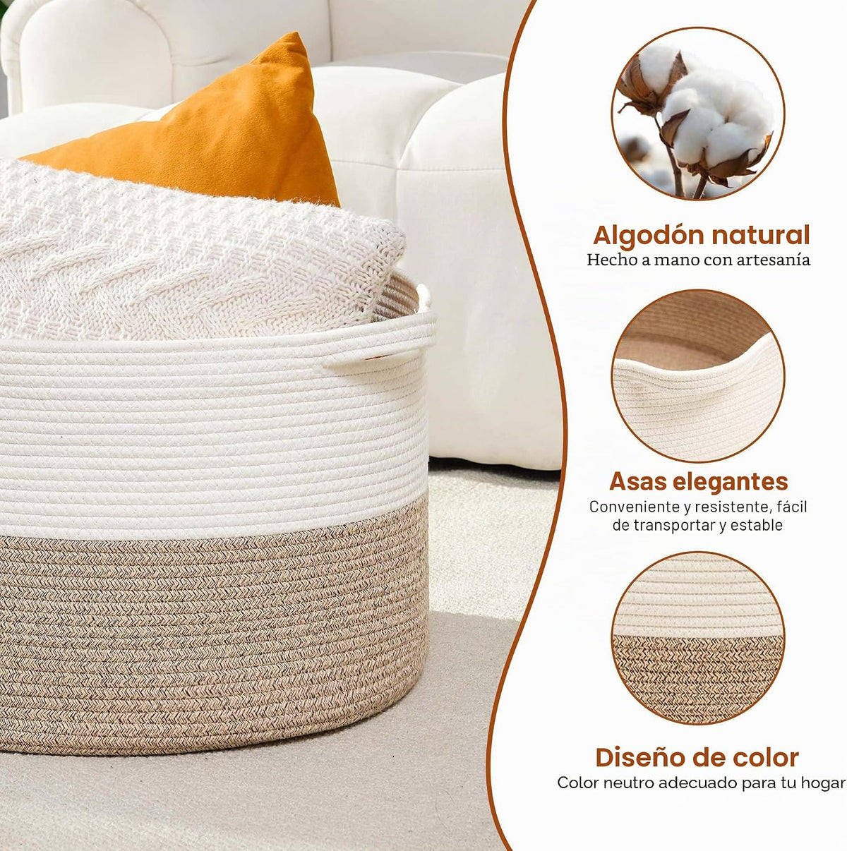 Cesta plegable para la ropa sucia con asa plegable, cuerda de algod...