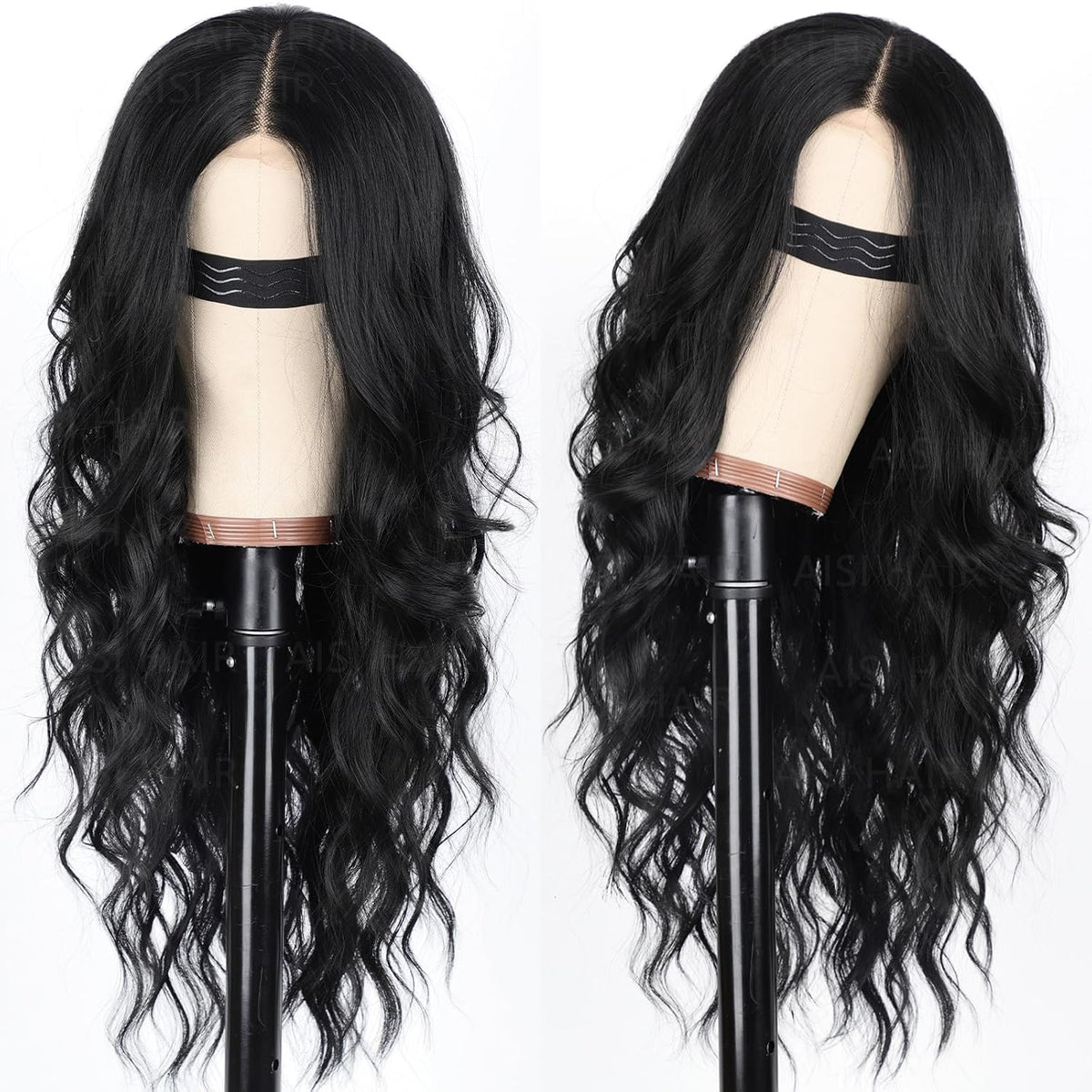 AISI HAIR - Peluca negra para mujer, peluca larga ondulada con raya...