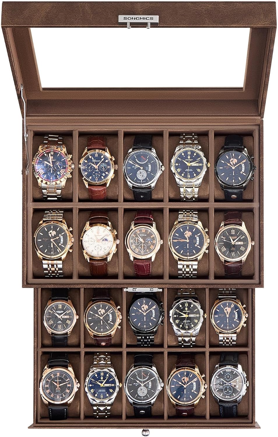 SONGMICS Caja de reloj de 20 ranuras, 2 capas, tapa de cristal, con...