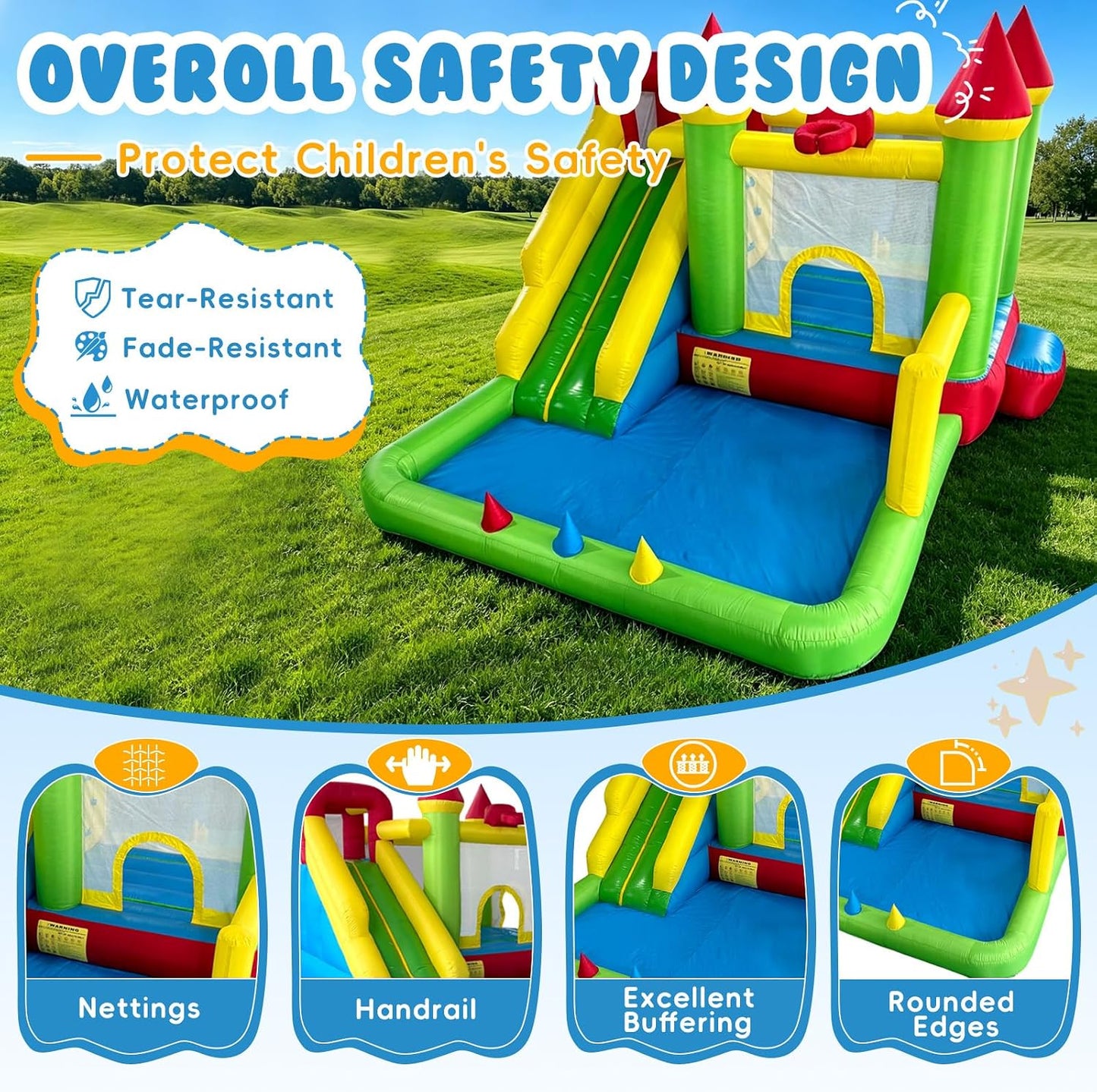 YARD Casa inflable de rebote para niños 3-6, 8 en 1 con tobogán, so...