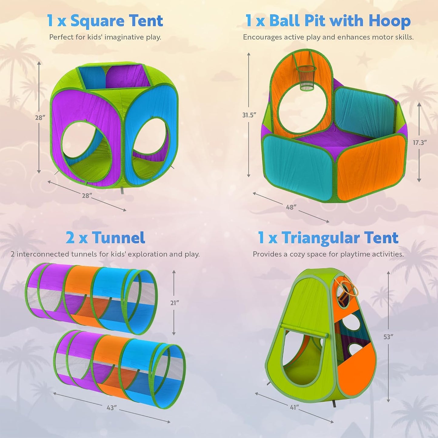 Playz Tienda de campaña desplegable de 5 piezas para niños, túnel d...
