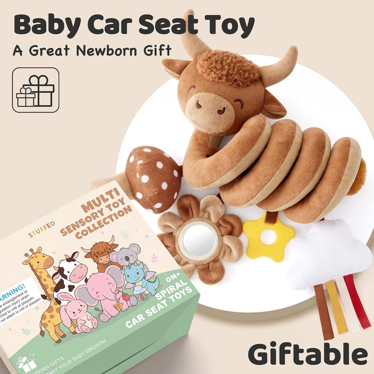 Stuffed Highland Cow - Juguetes de asiento de coche en espiral para...