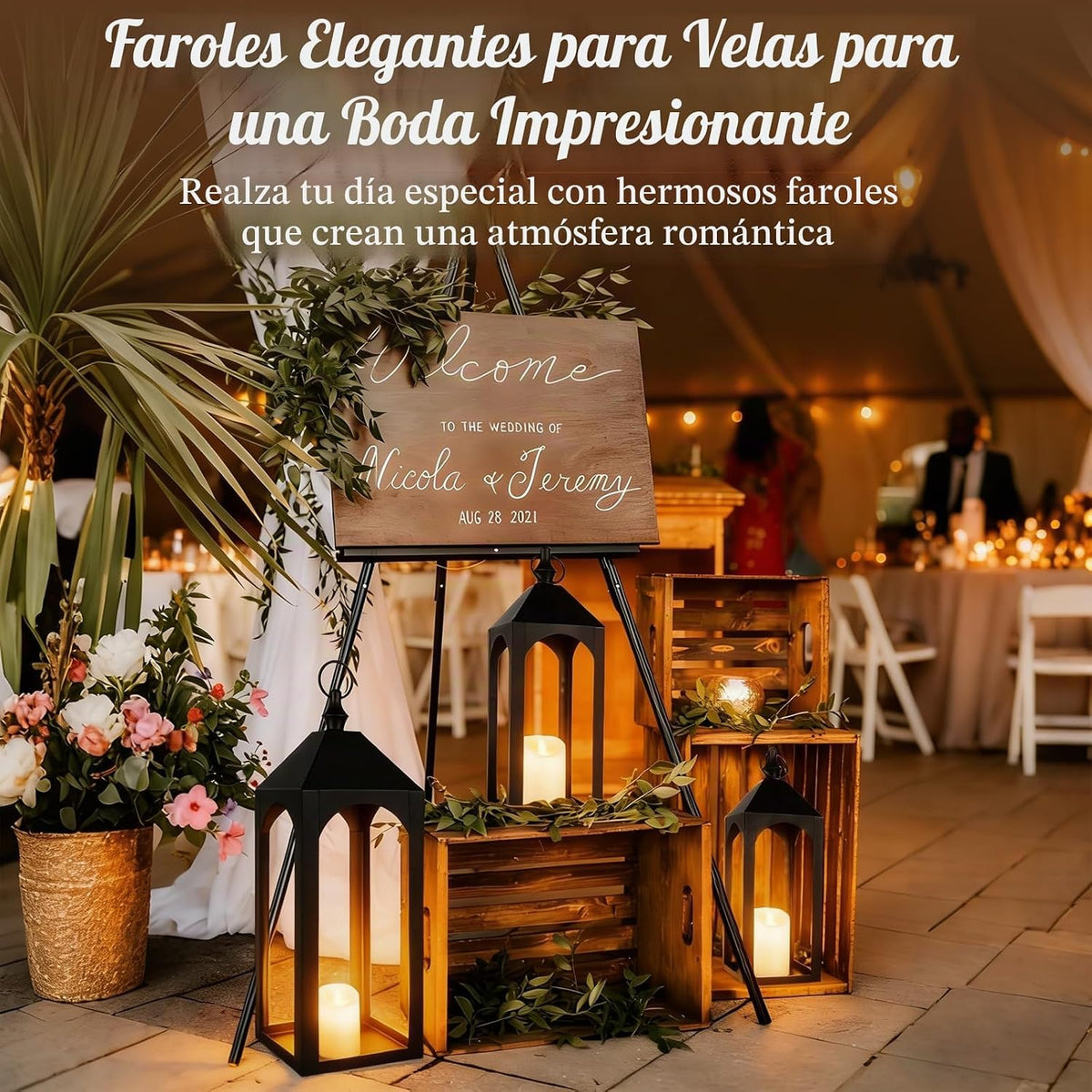 Faroles grandes de metal negro de 23 pulgadas y 17 pulgadas, decora...