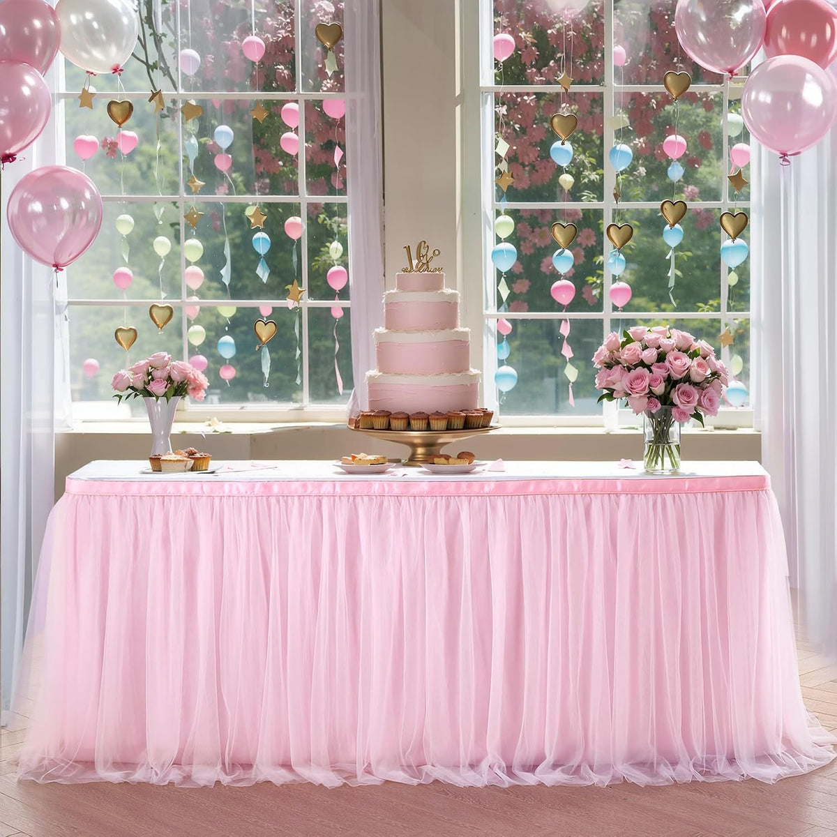 Suppromo Falda de mesa de tul rosa de 6 pies, mantel de baby shower...